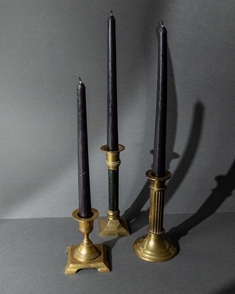 Vintage 1940s Brass Candleholders Set of 3, Mixed Shapes, Classic Antique Design — close-up of three brass candleholders with