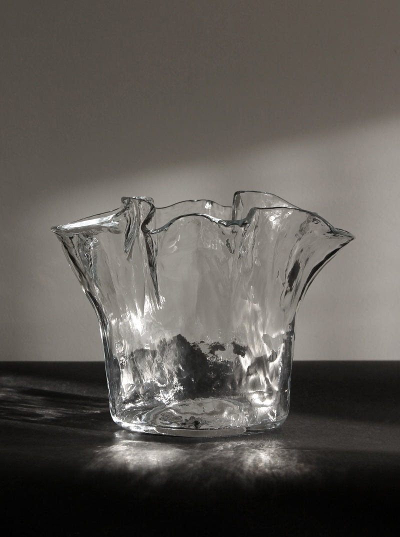 Clear glass vase with ruffled rim and textured body from 1970s Finland