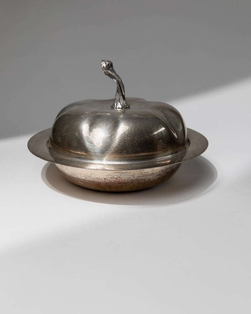 Silver plated bowl with domed lid and curved handle, 1940s