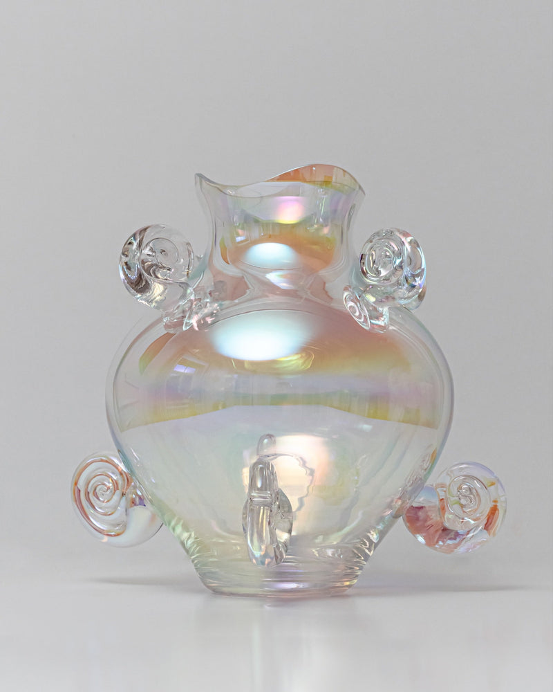 Iridescent crystal vase with spiral handles and rainbow finish