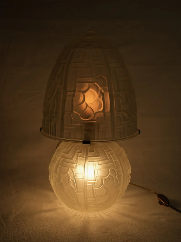 French Art Deco Frosted Glass Lamp — side angle