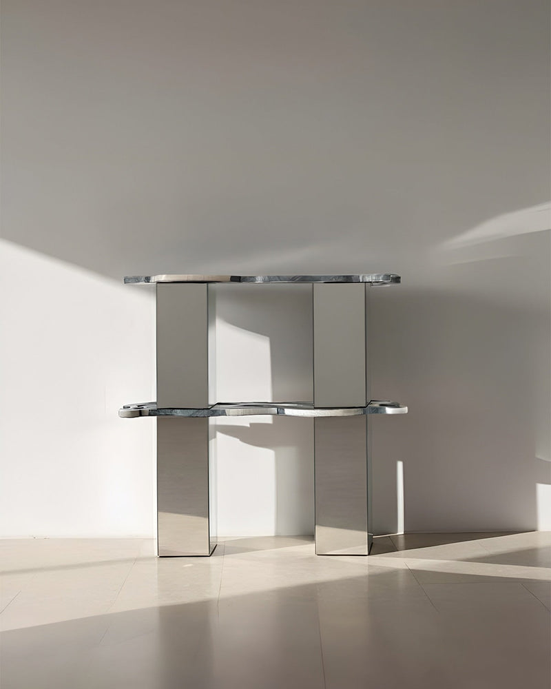 Modern chrome Orbis shelf with geometric metal frame and glass shelves