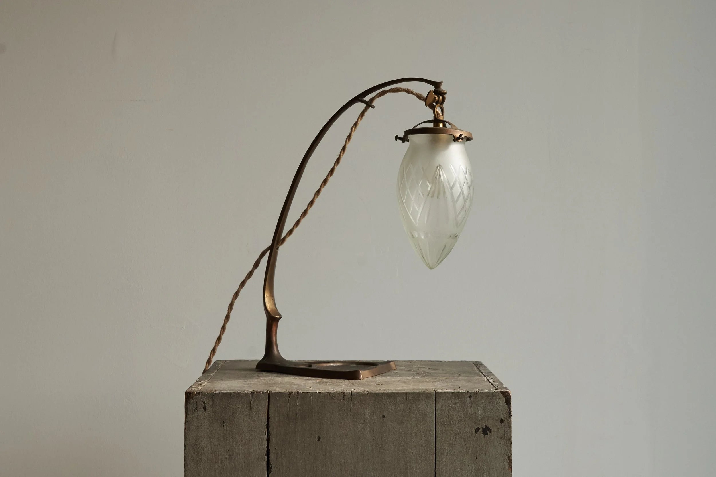 Art Nouveau Table Lamp in Sand Cast Brass and Etched Glass 1920s — in context