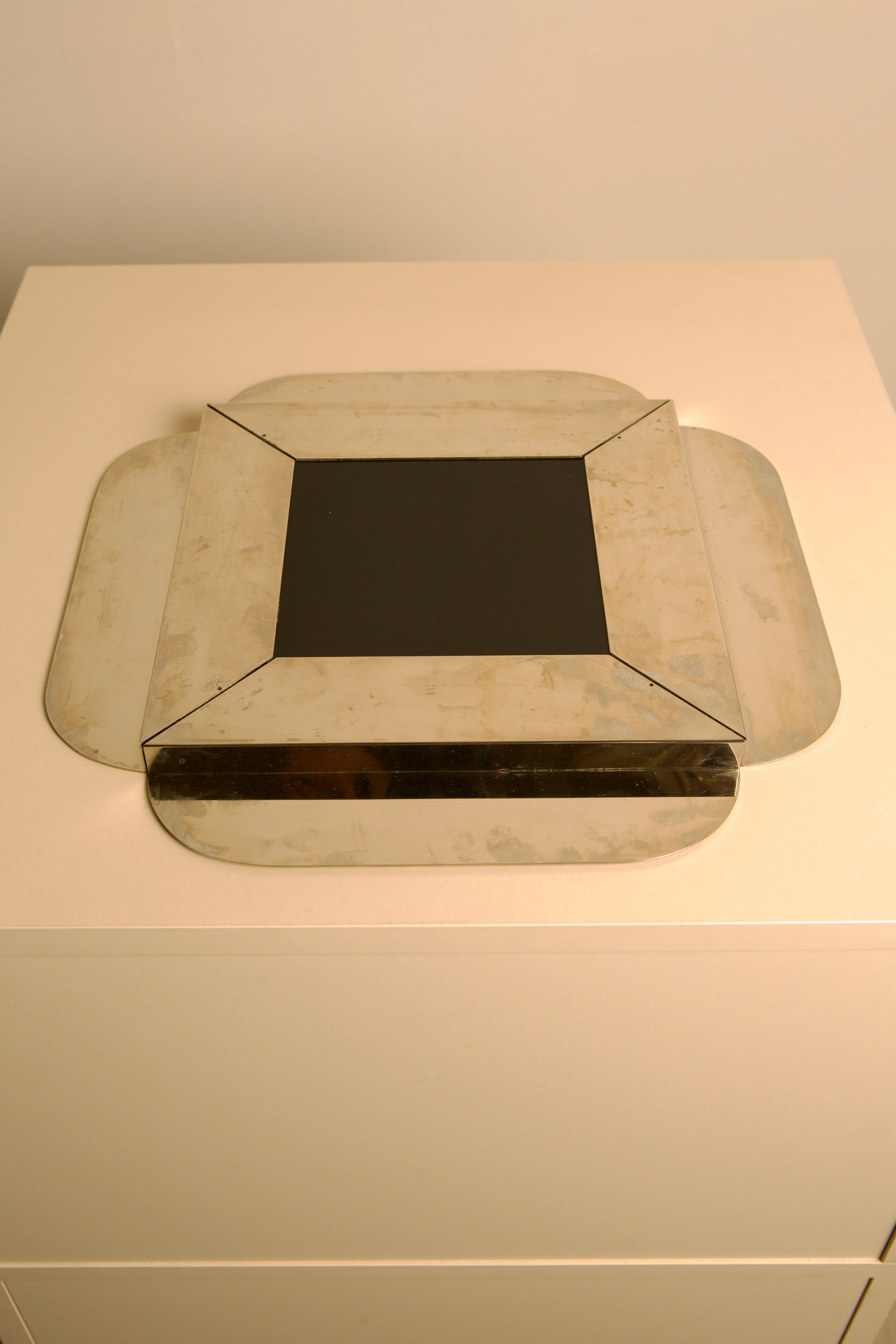 Large Italian Silver-plated Glass and Metal Tray by C&P Italia 70s — overhead view on white surface