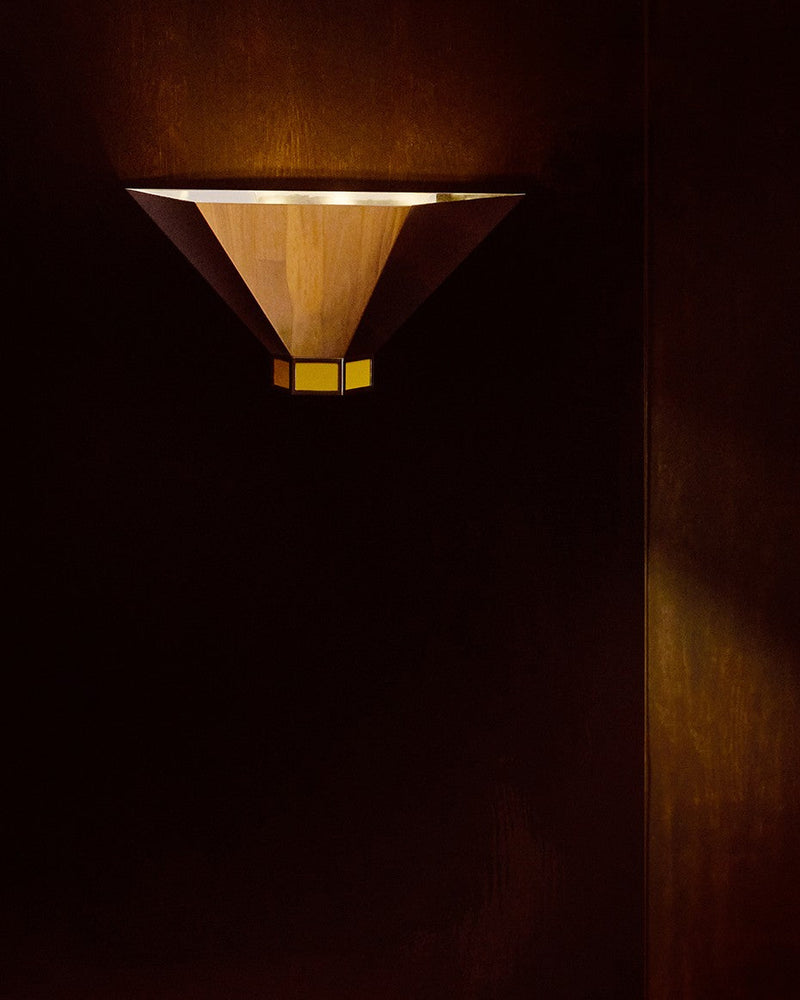 Florens Wall Sconce — close-up of wooden and brass details