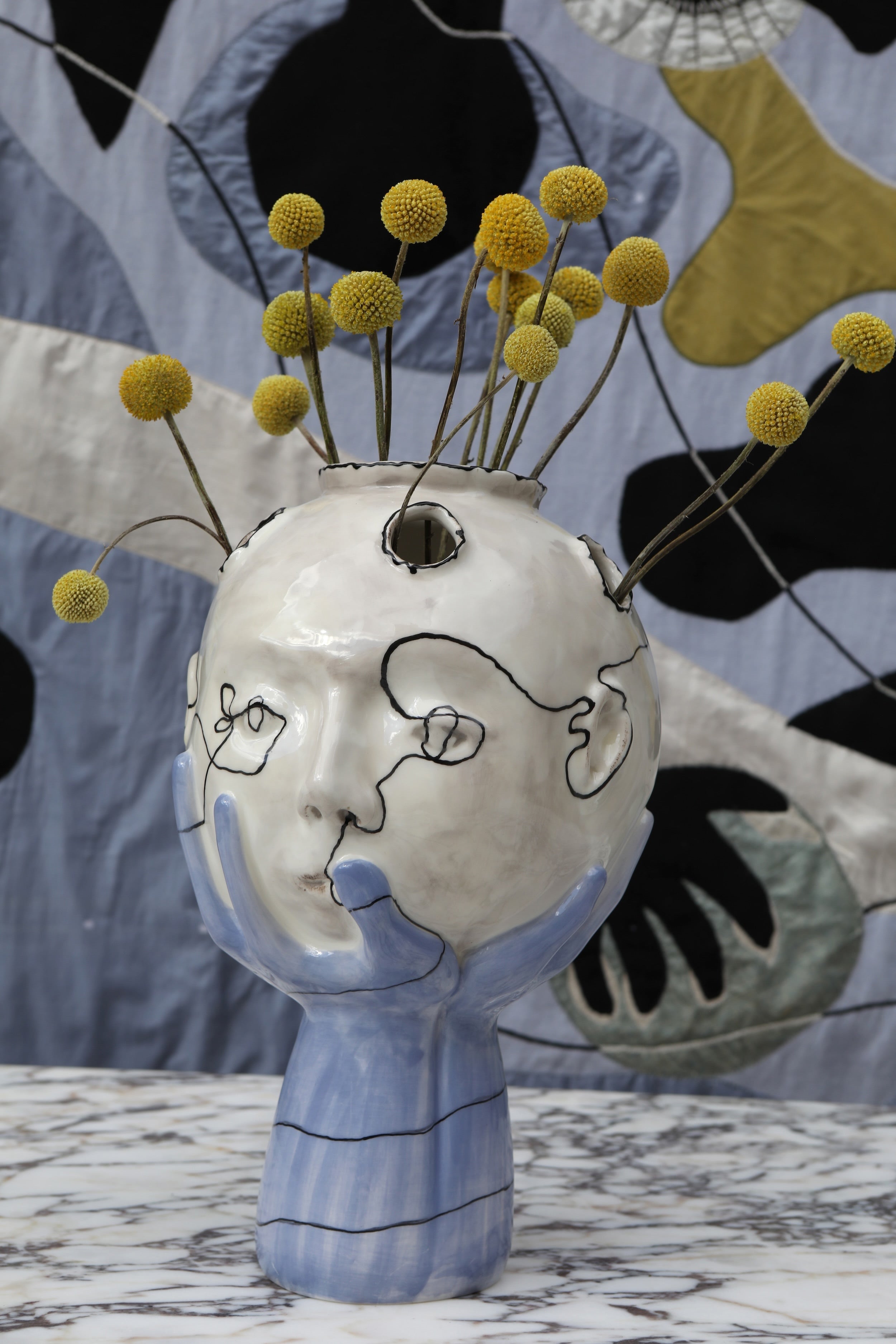 Head in Hands Hand Made Sculptural Ceramic Vase — close-up