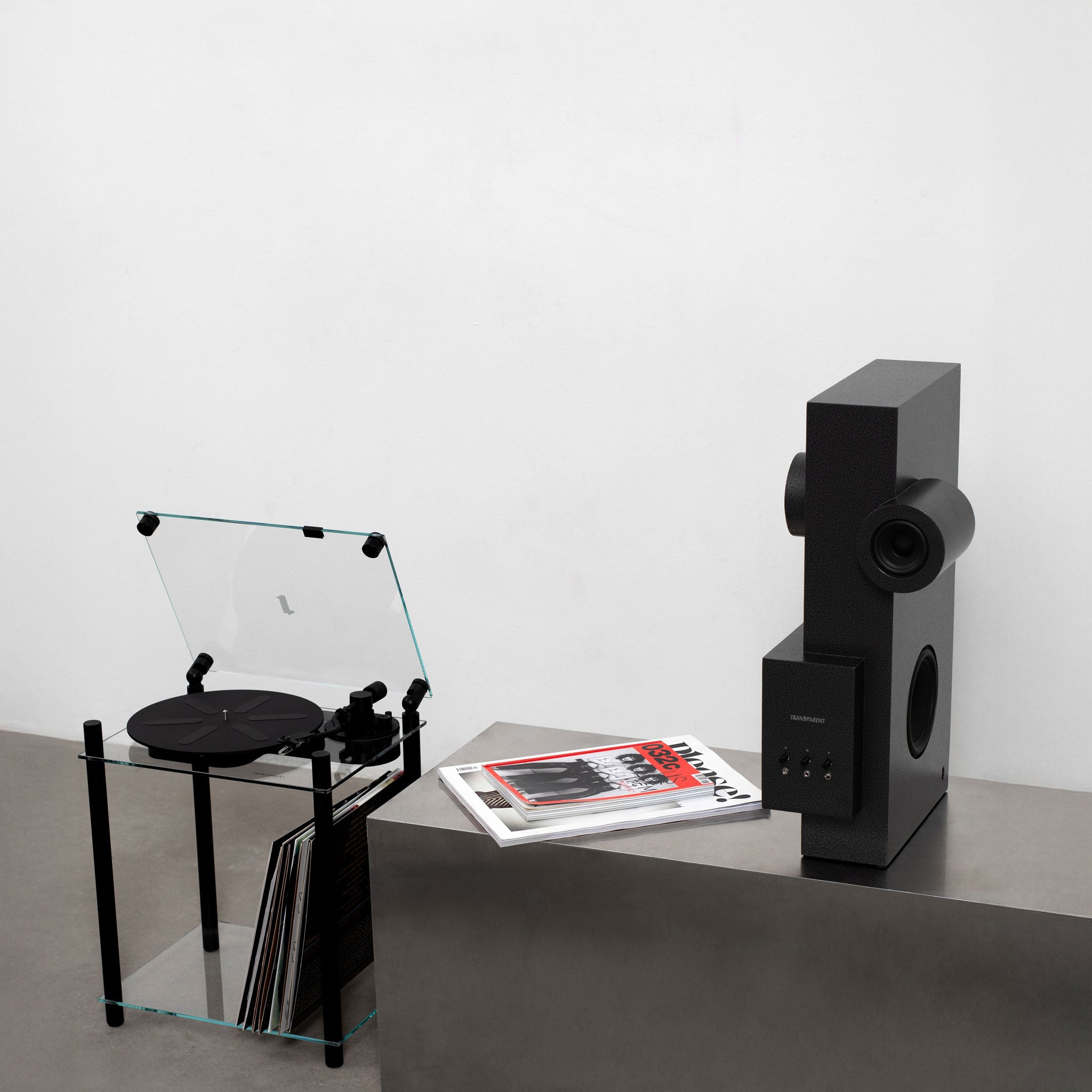 Brutalist Speaker Black — side view with textured black finish