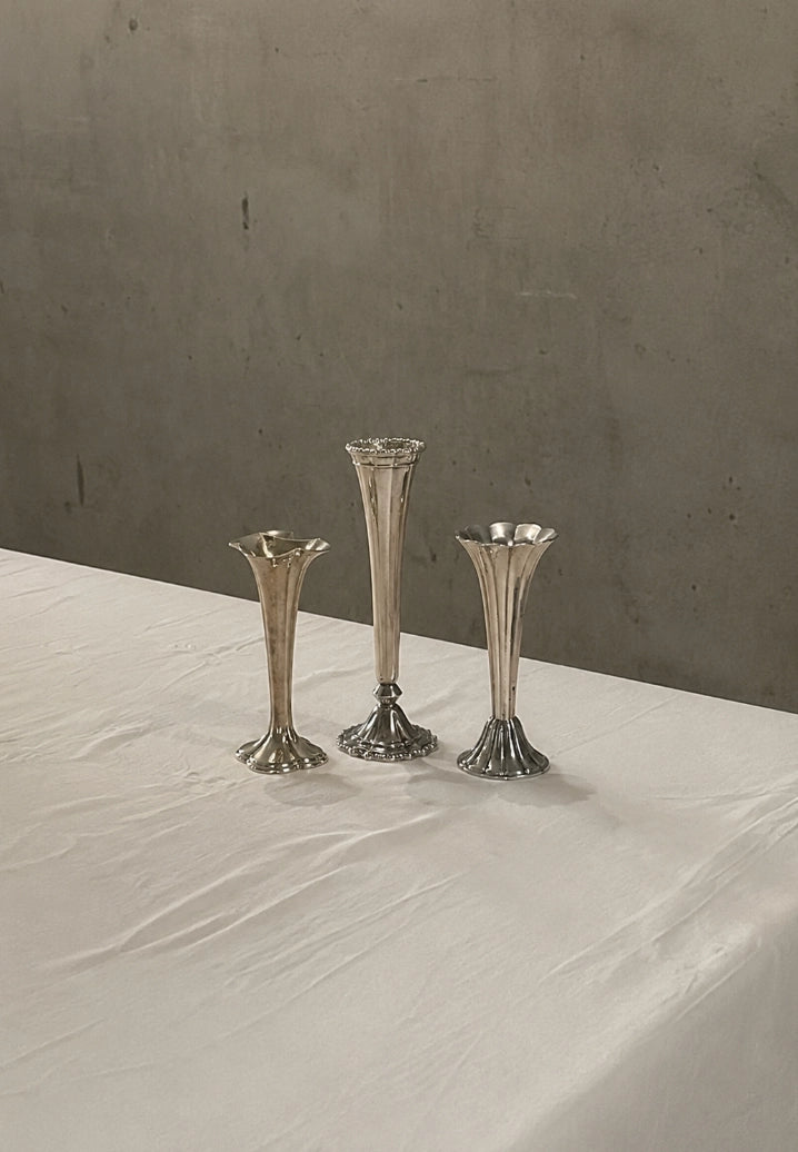 1930s French Vintage Fluted Silver-Plated Art Deco Vases (Set) — close-up