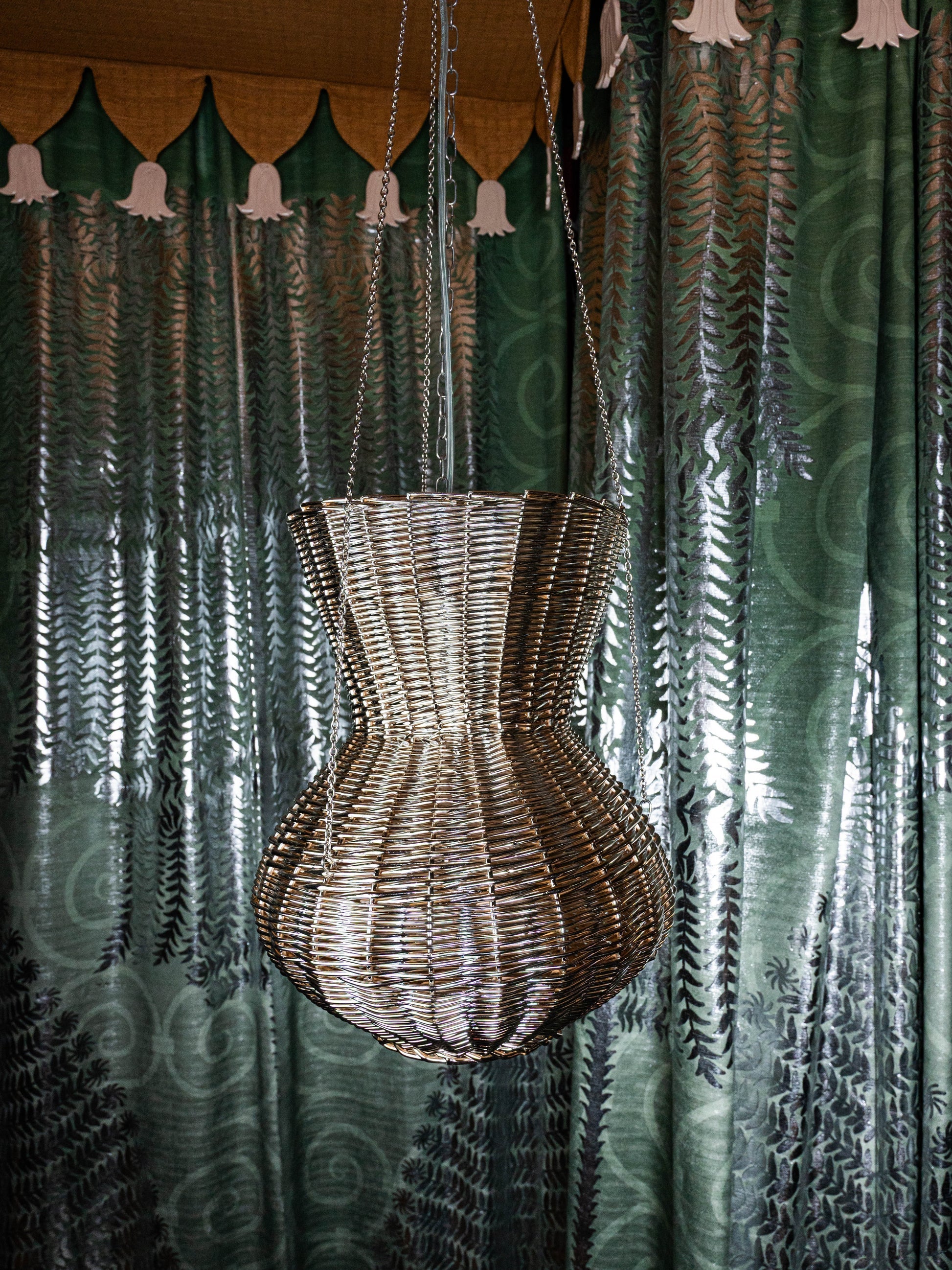 OMAN Contemporary Pendant Light design by Léa Zeroil in Metal and Woven Wicker — side angle showing woven wicker texture agai