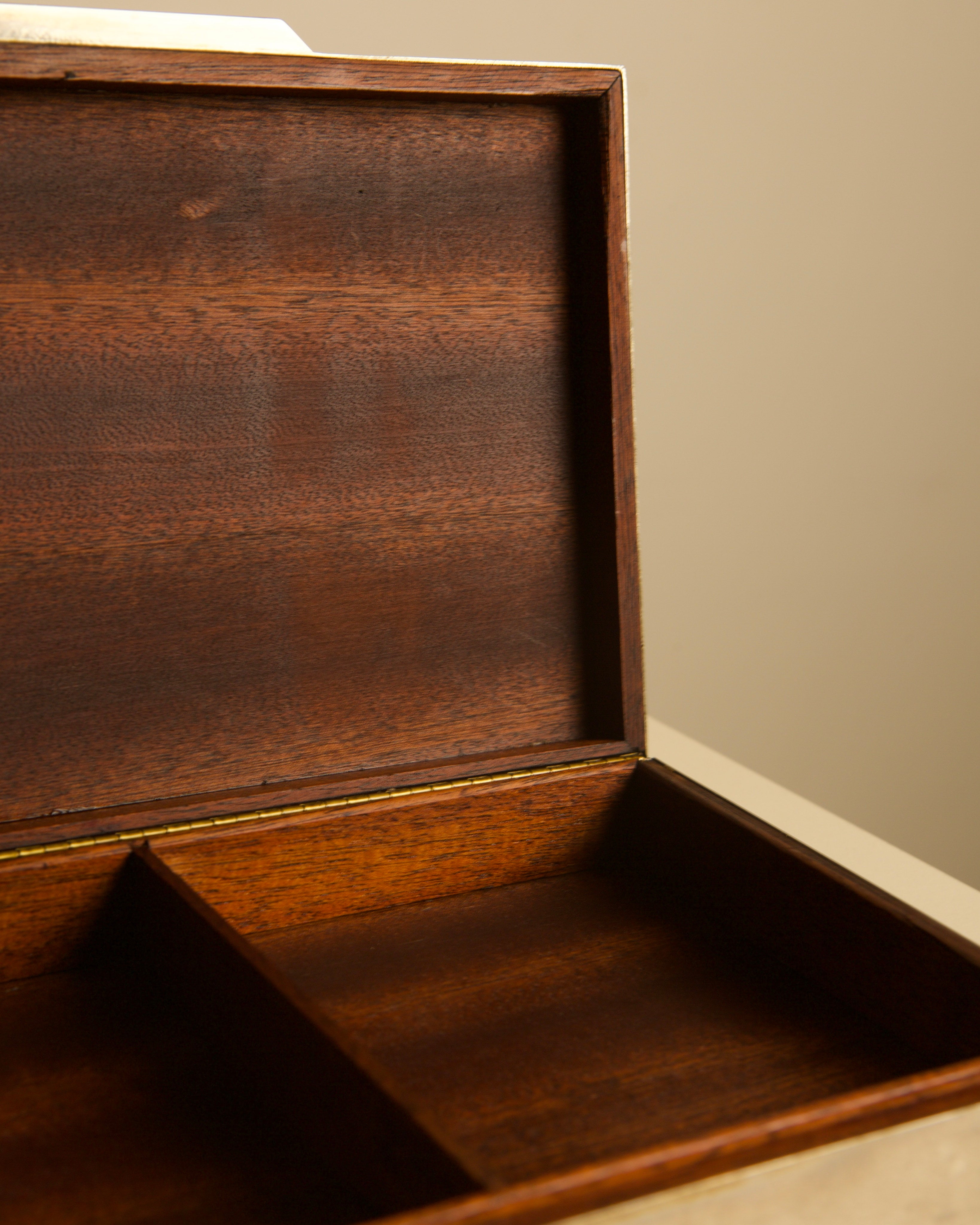 Large Italian metal and brass box with a wooden interior, 70s — interior view showing divided wooden compartments