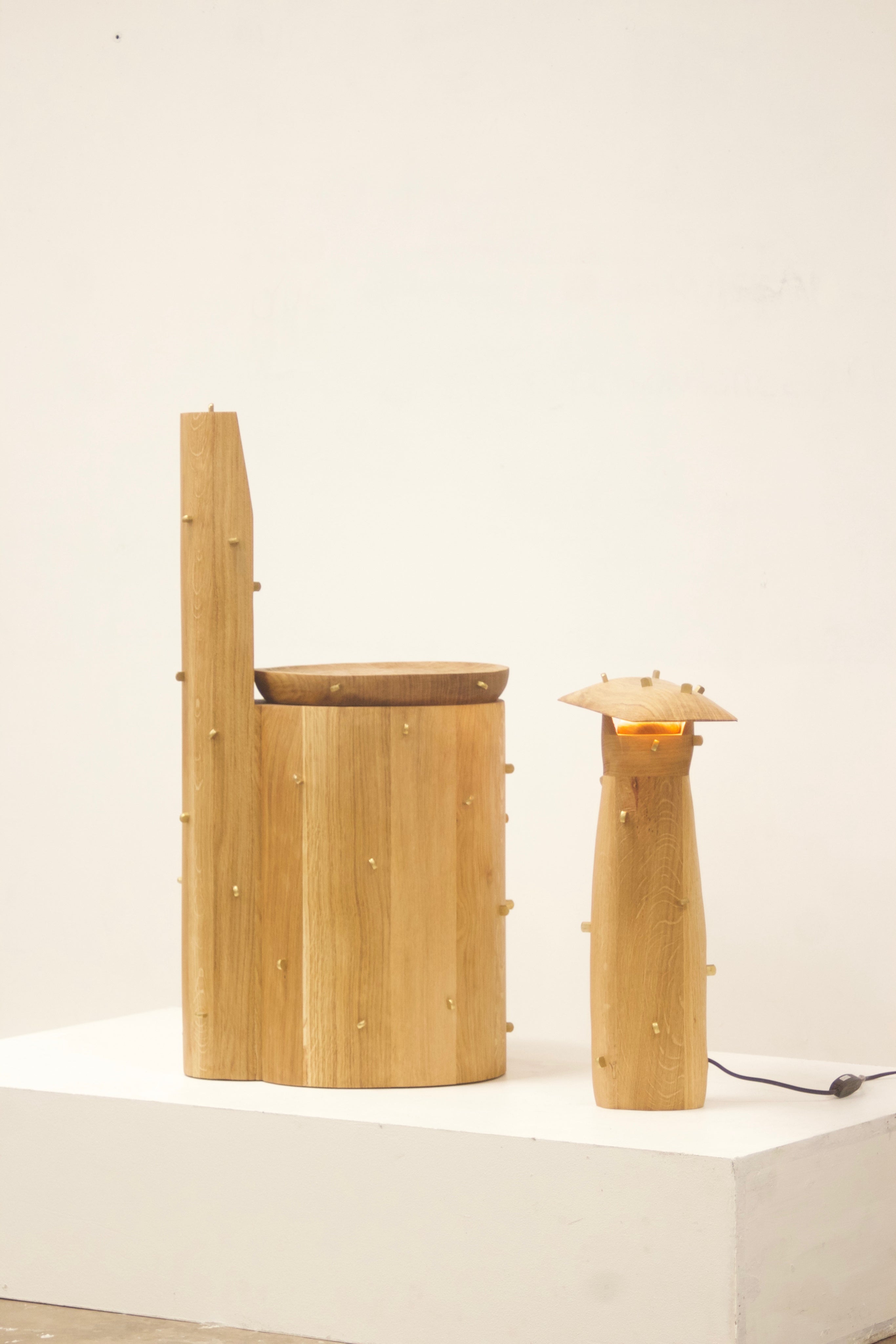 Punk Lamp, Oak/ Brass lamp — close-up