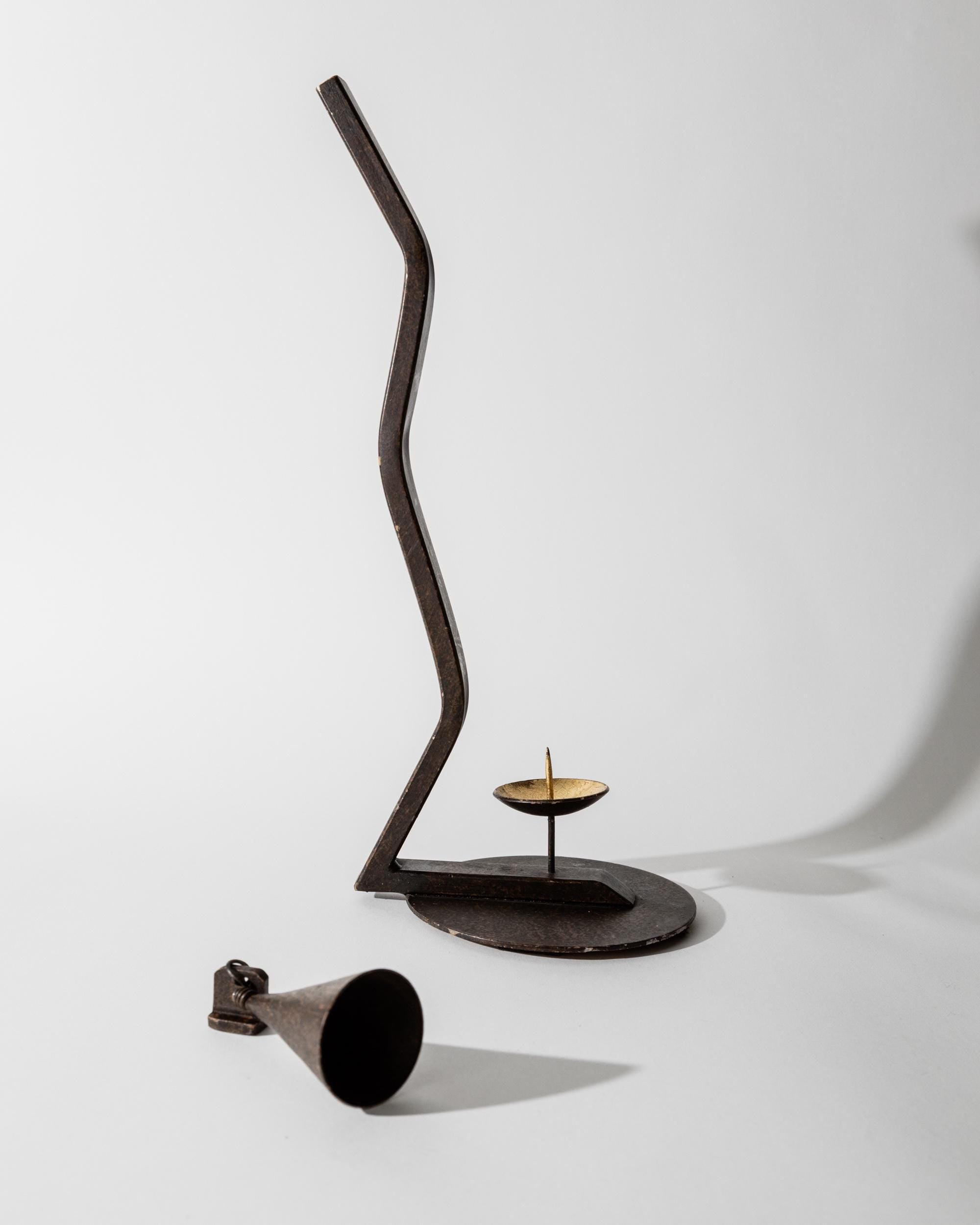 Vintage 1960s Hand forged Iron Candleholder, Zig Zag Design with Removable Candle Snuffer, Sculptural Metal Decor, Table Accent, Gift Idea — lifestyle setting