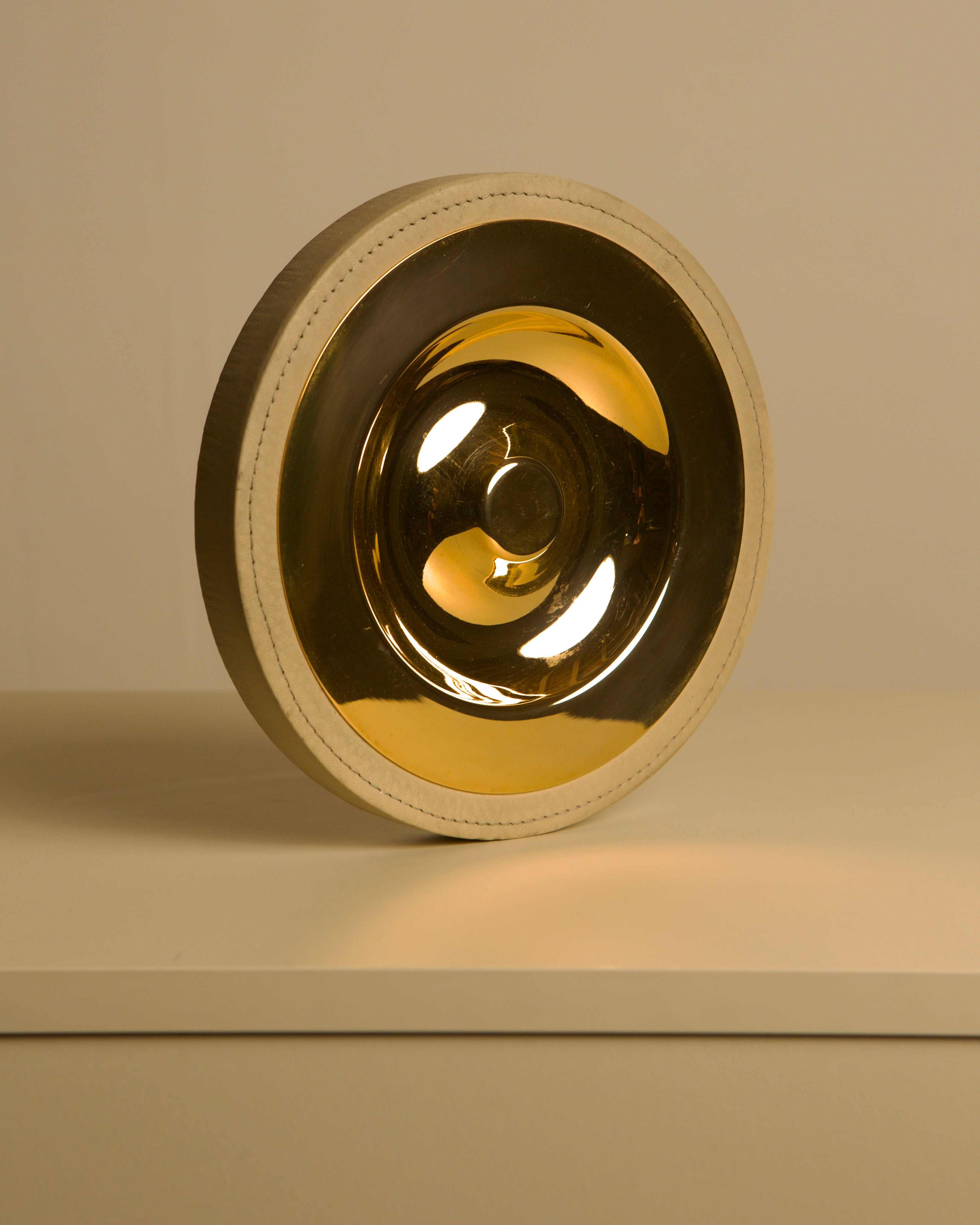 Italian Brass and Cream Leather Vide-poches, 70s — top view highlighting brass interior finish