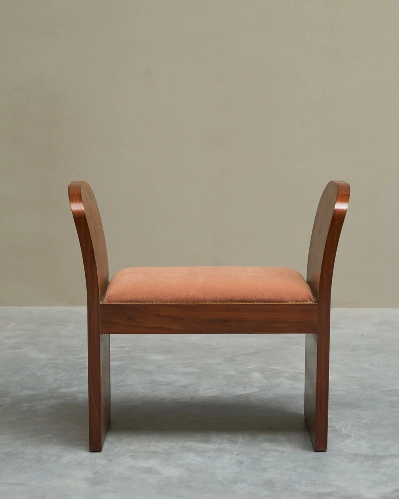 Stunning Art Deco Bench in Burr Burl Walnut and Velvet — lifestyle setting