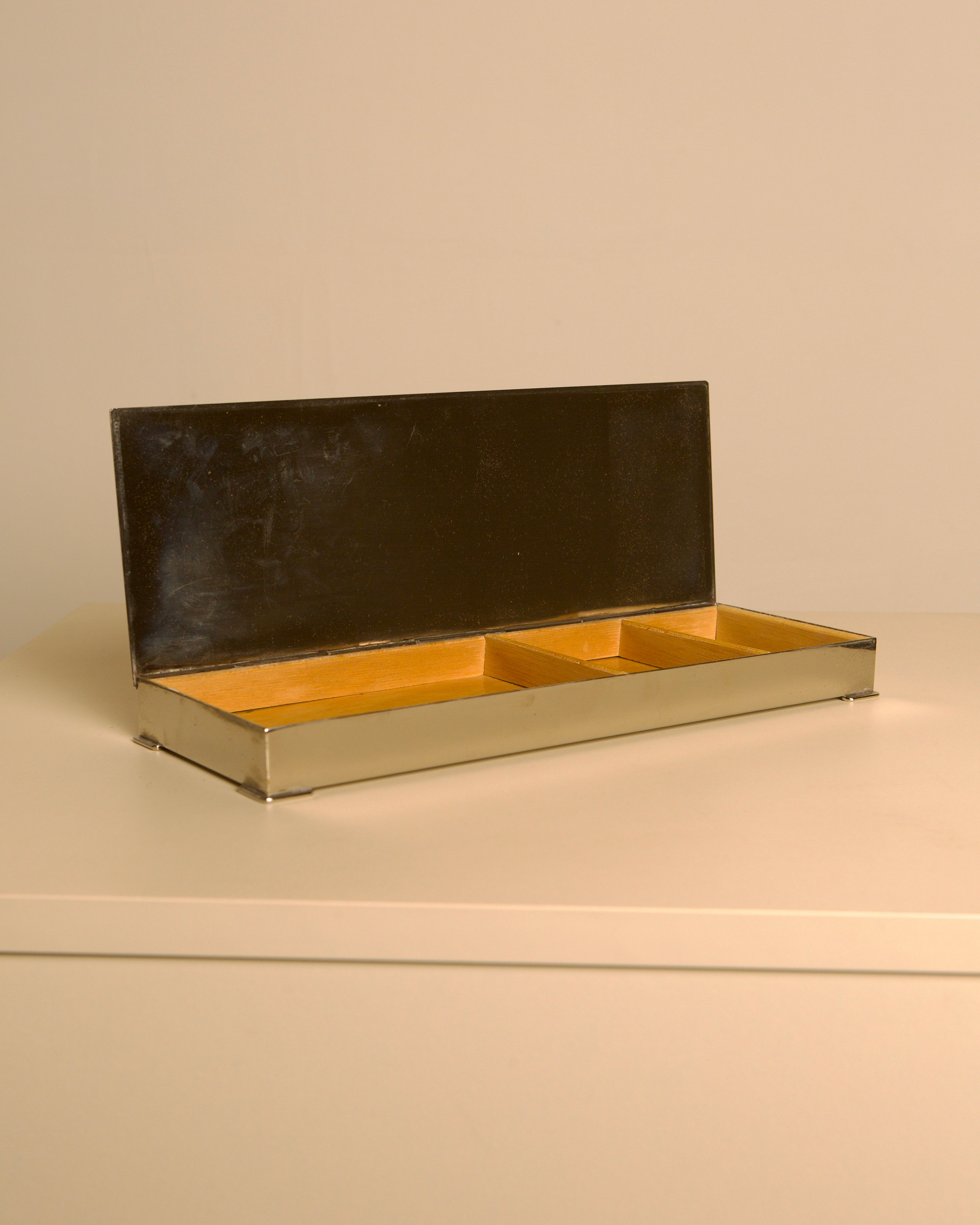 Italian Art Deco Silver-Plated Box with Turquoise Cabochon & Wood Interior, 1940s — lifestyle setting