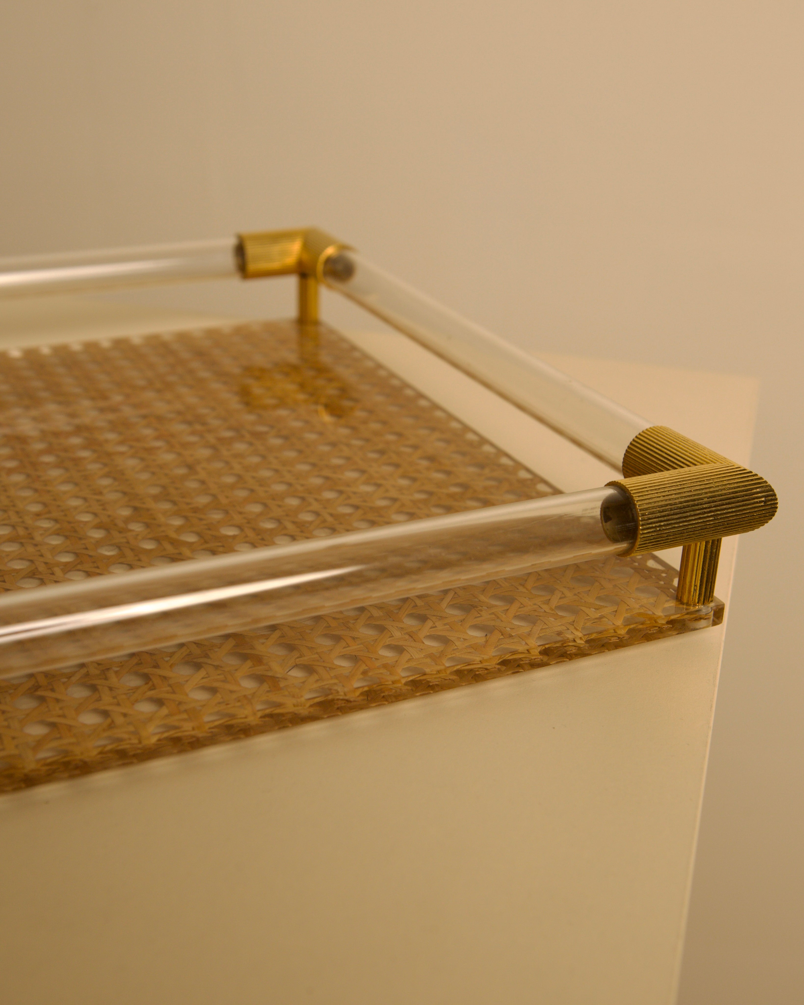 Large Italian 70s Brass, Wicker and Plexiglass Catch-all Tray — side angle highlighting clear plexiglass and brass details