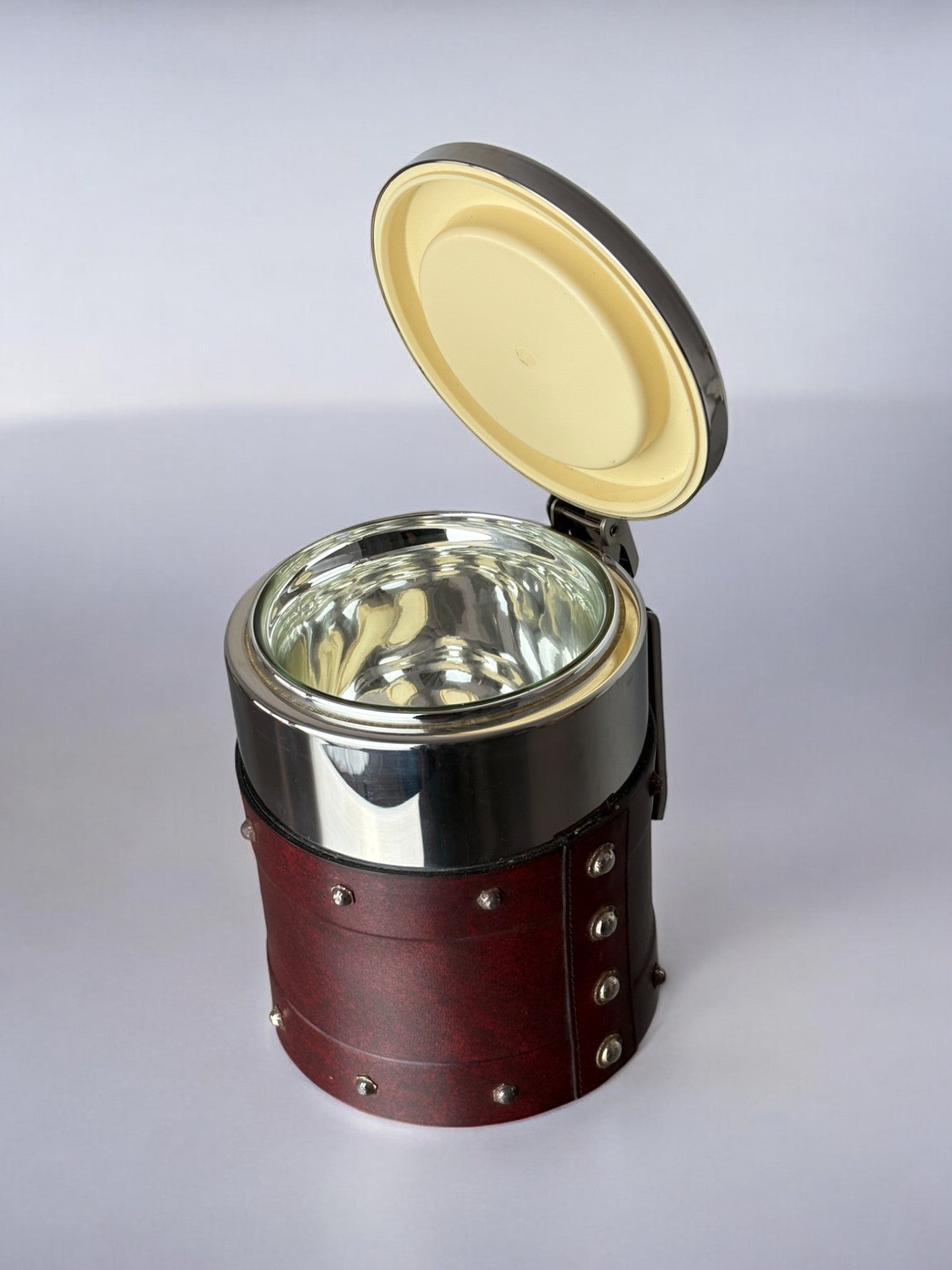 Regenc Ice Bucket, Italy, 1970s — top view with silver and red leather