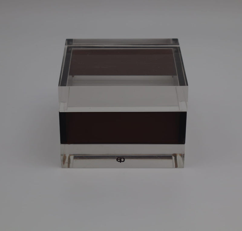 Mid-Century Modern Acrylic Cube Box, Italy, 1970s — front view showing clear acrylic and dark interior