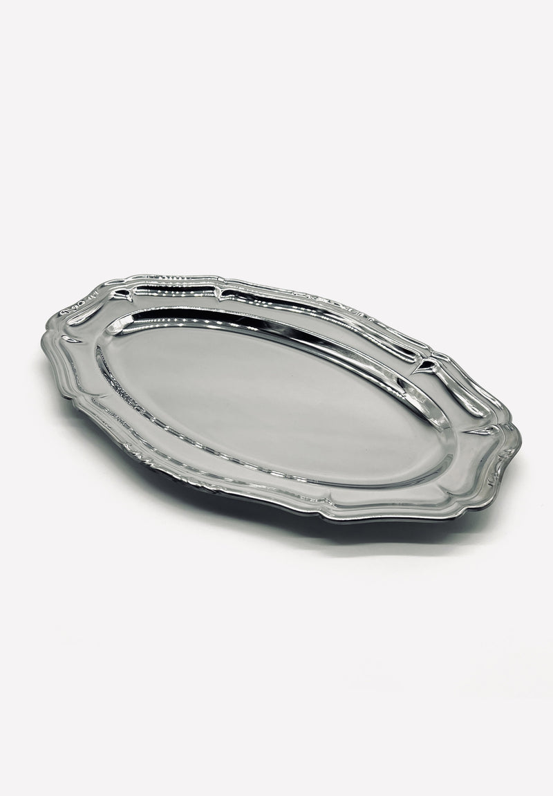 Large vintage stainless steel serving tray with ornate scalloped edges