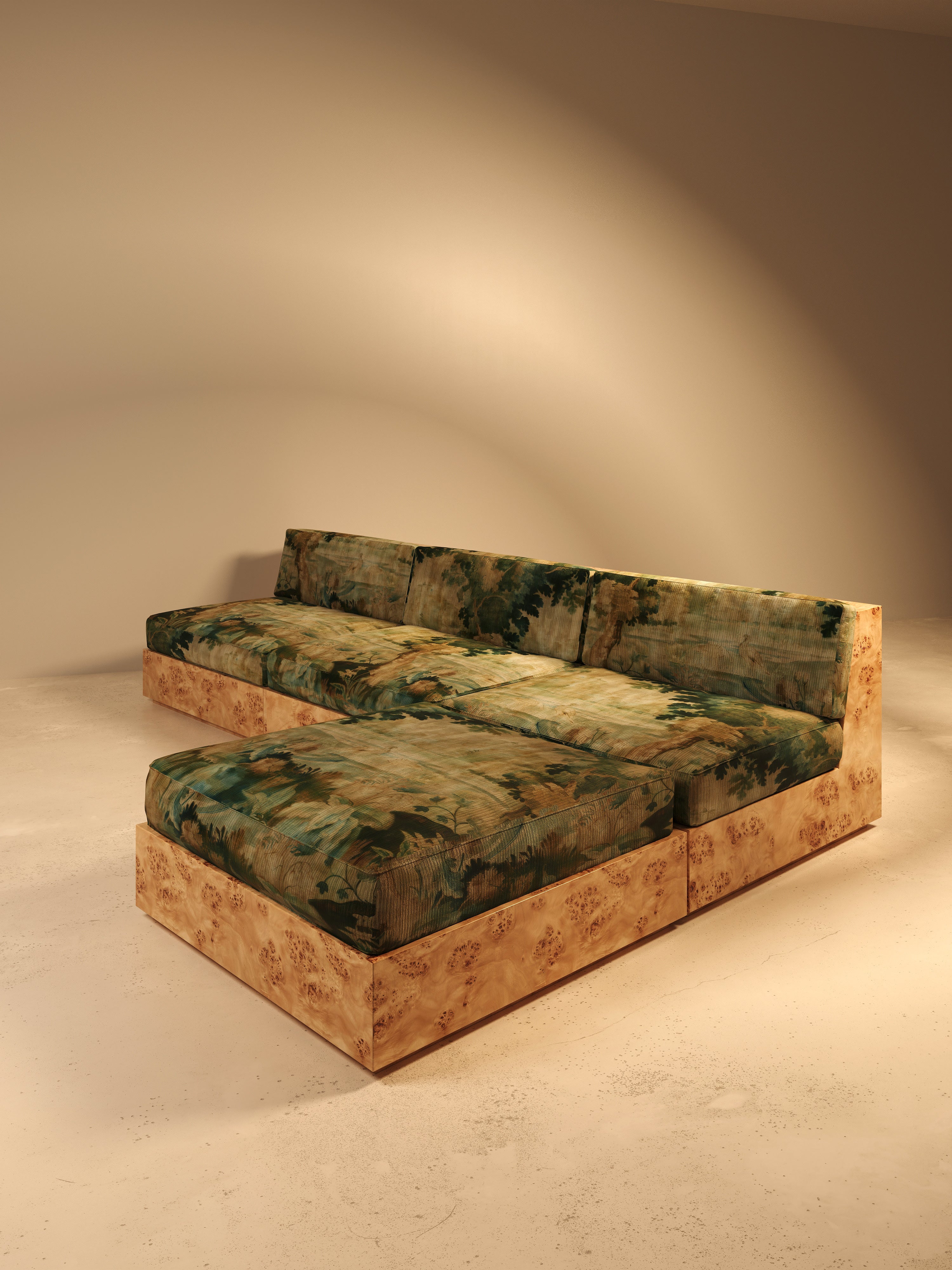KAVA Collection II POUF – Maple Burl Finish, Pierre Frey Upholstery — side angle