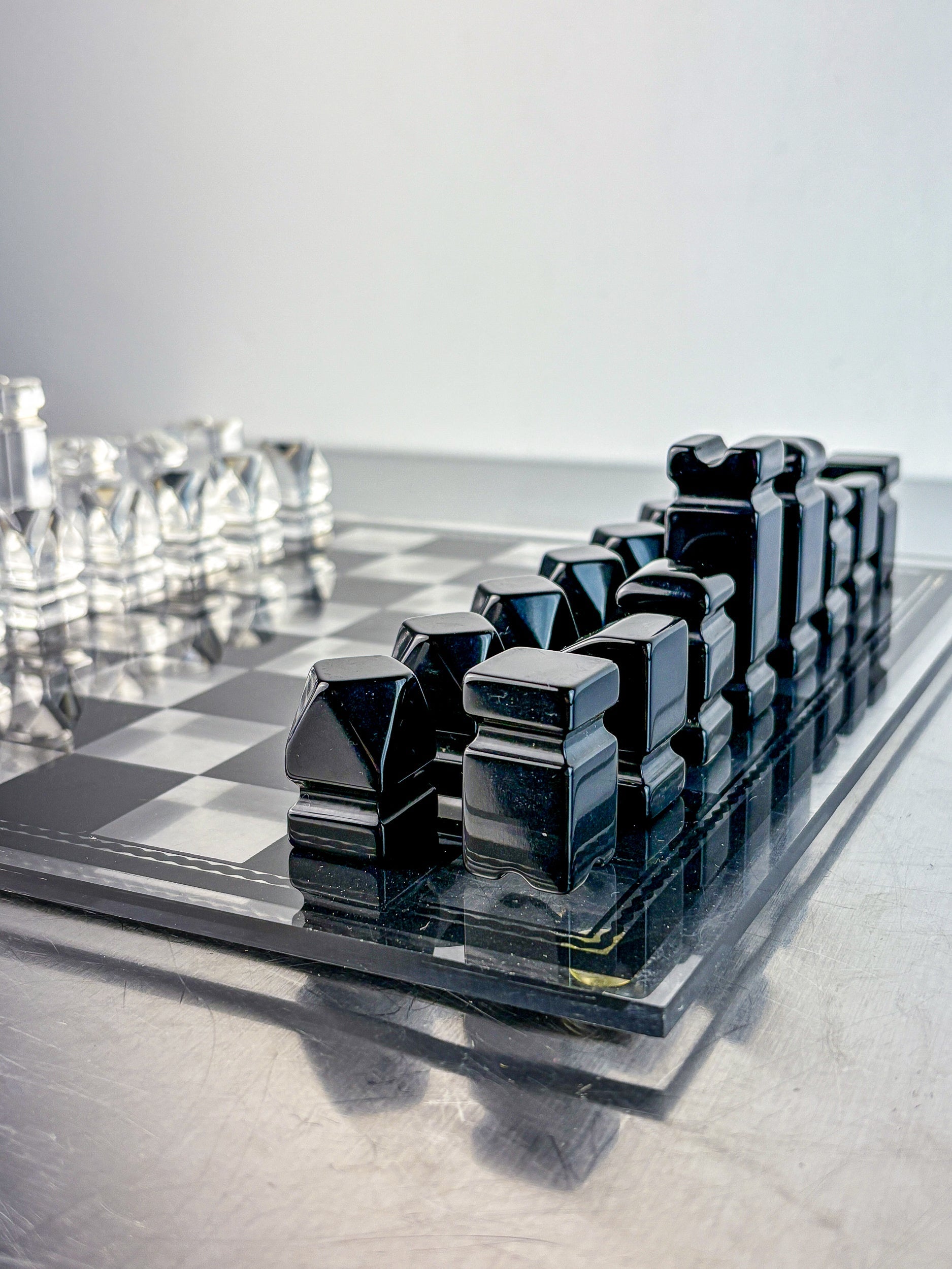 Felice Antonio Botta Acrylic Chessboard, Italy, 70s — side angle showing black acrylic pieces