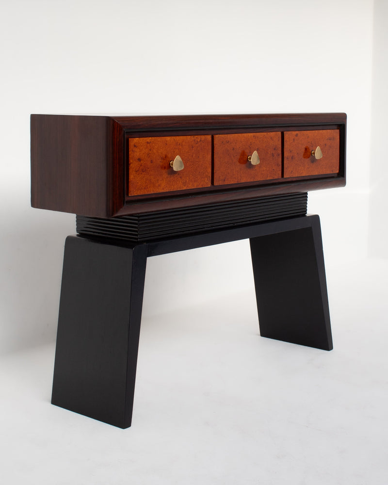 Art Deco console with burled wood drawers on black lacquered base