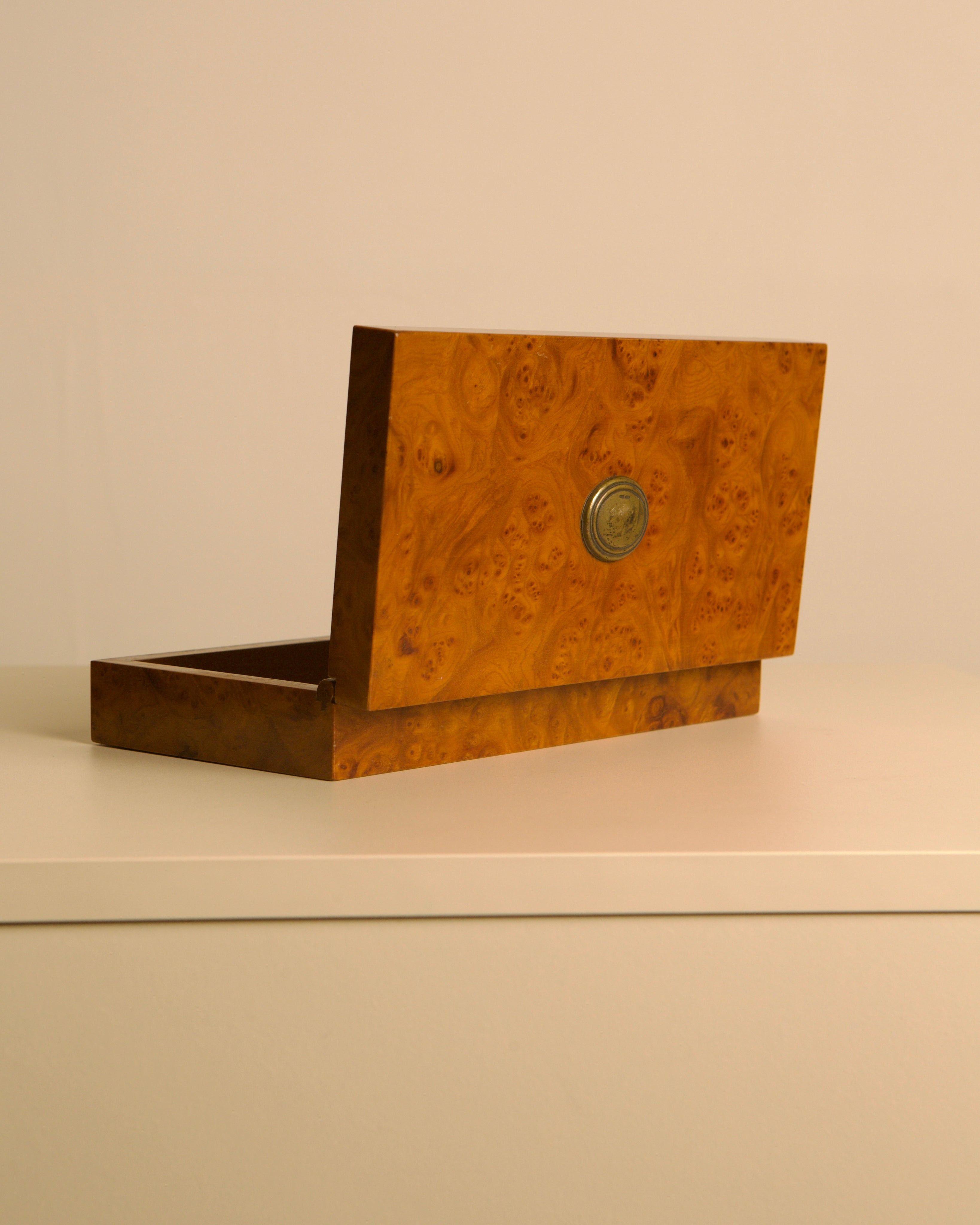 Italian Rectangular Burr Elm and Silver Box, 60s — angled view on neutral surface
