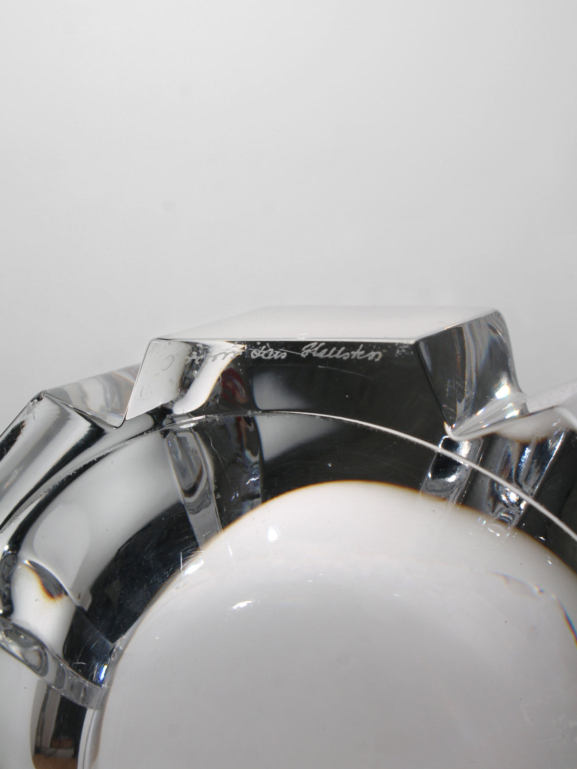 Lars Hellsten Full Lead Crystal "Corona" Bowl for Orrefors, 1970s — close-up of crystal surface with signature