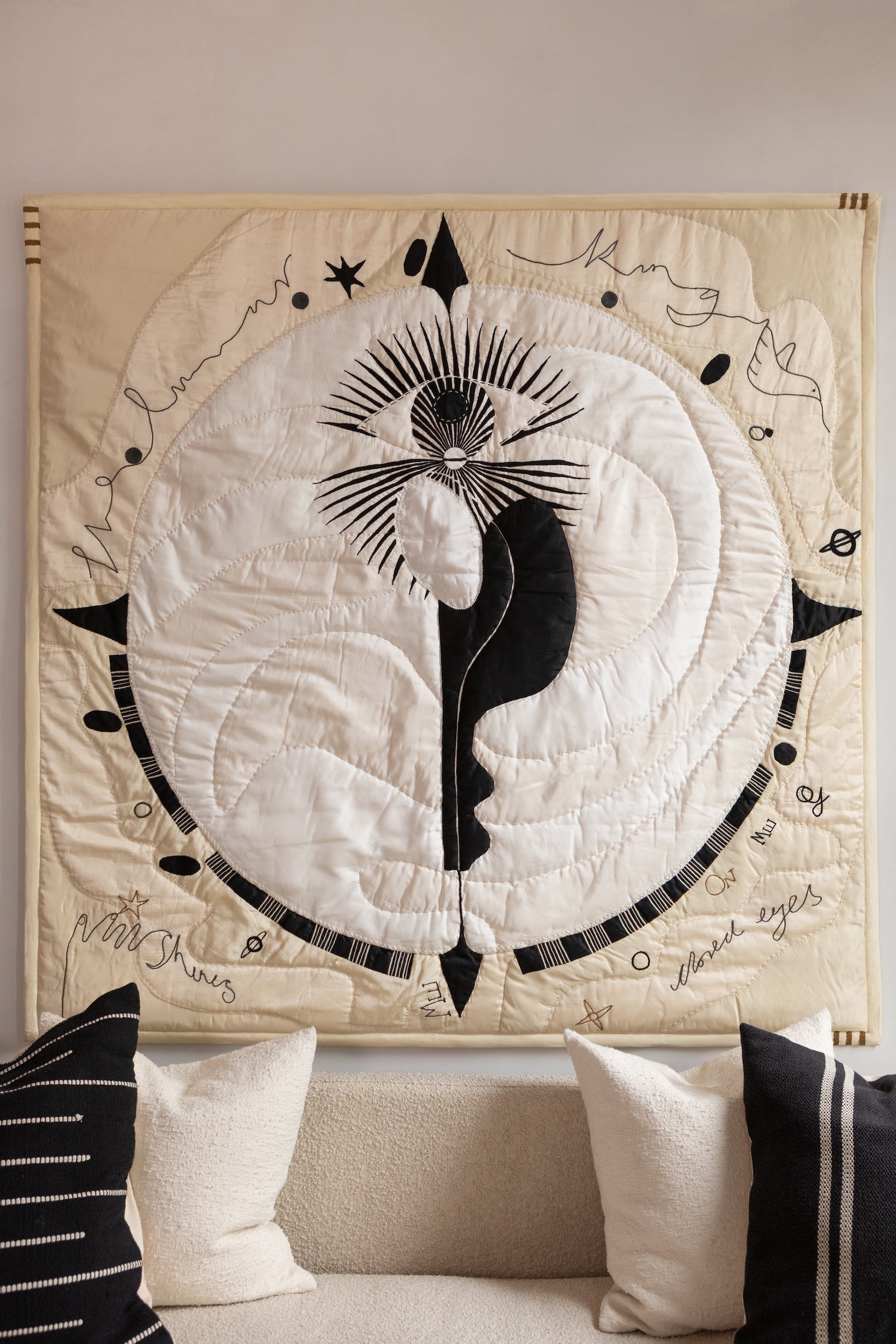 Lunar King — Hand Quilted Silk Tapestry — close-up