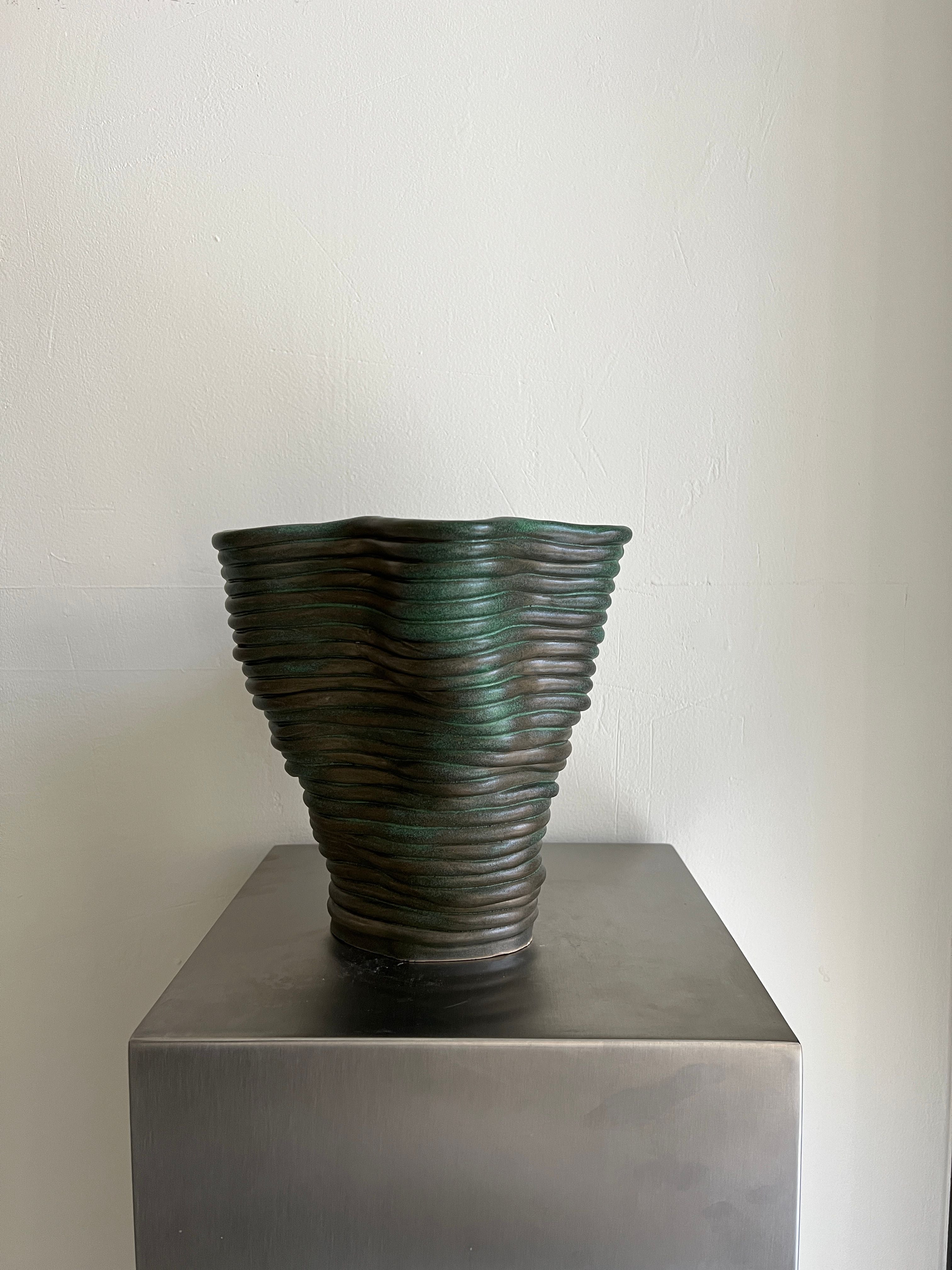 Handsculpted Ceramic Vase Antique Green — side angle
