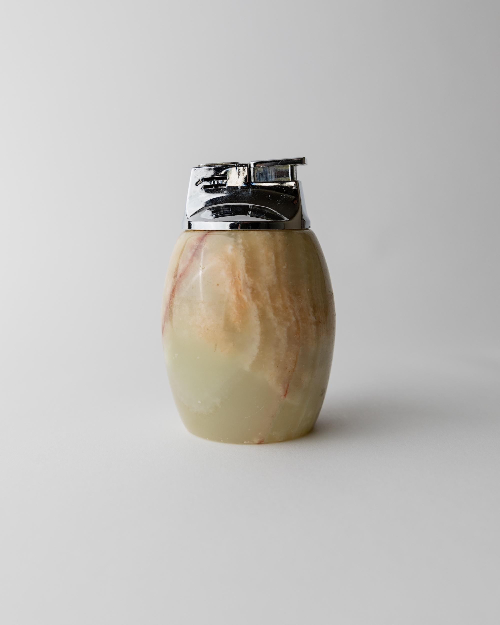 Vintage 1960s Alabaster Table Lighter, by Piezo Italy, Green Beige Stone Design, Elegant Mid Century Bar Accessory, Desk Object, Gift Idea — close-up