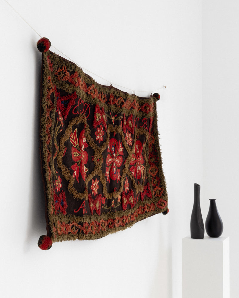 Antique Swedish wedding tapestry with floral motifs and tassels