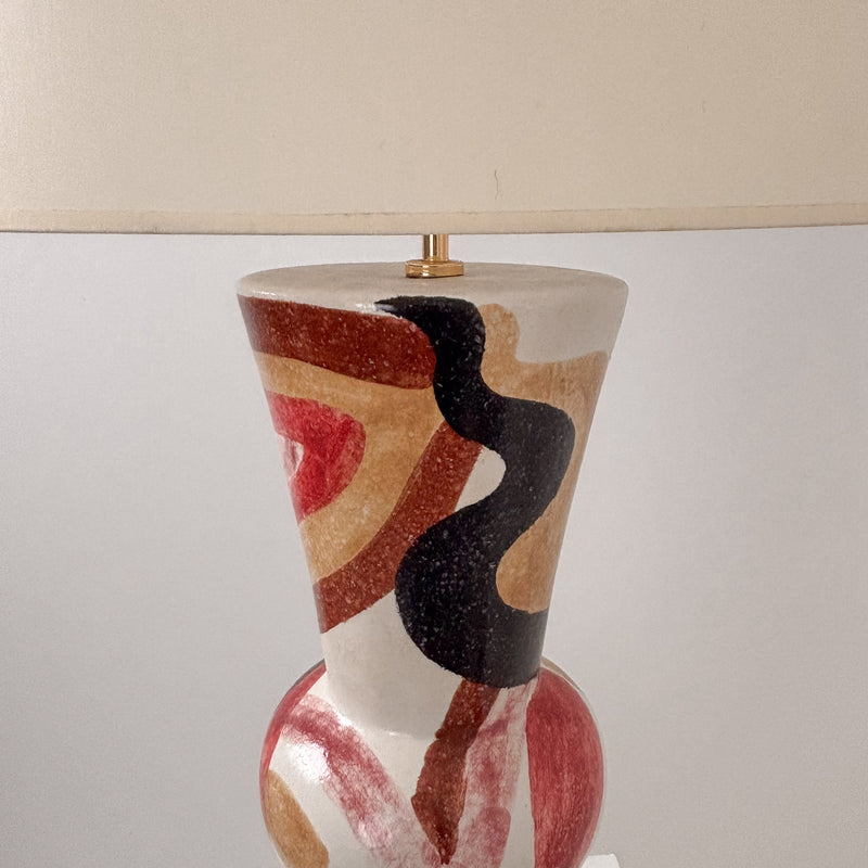 Large 1960s ceramic table lamp with abstract colorful pattern