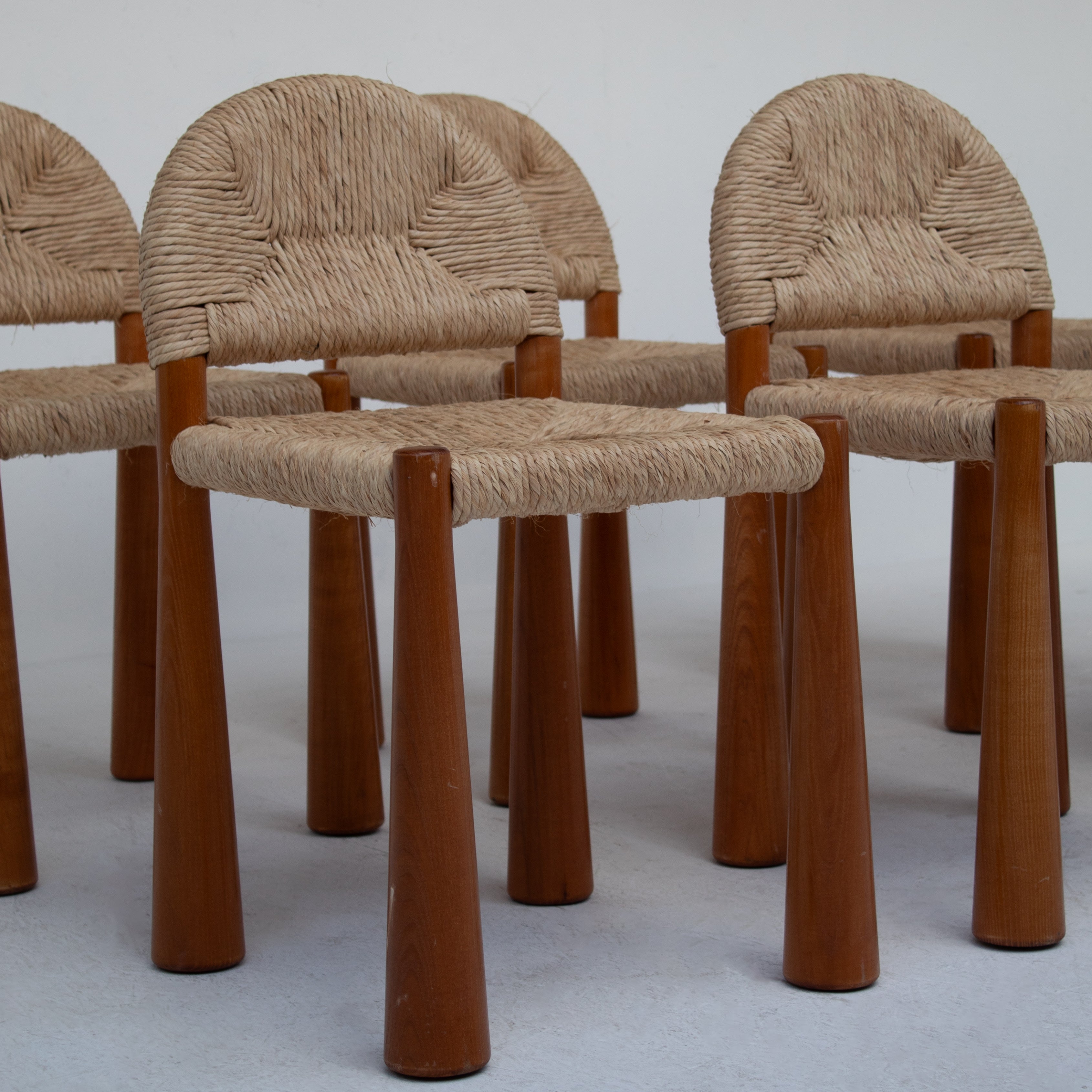 Set of 6 “Toscanolla” Dining Chairs by Alessandro Becchi for Giovannetti | The Oblist — natural fiber, wooden legs