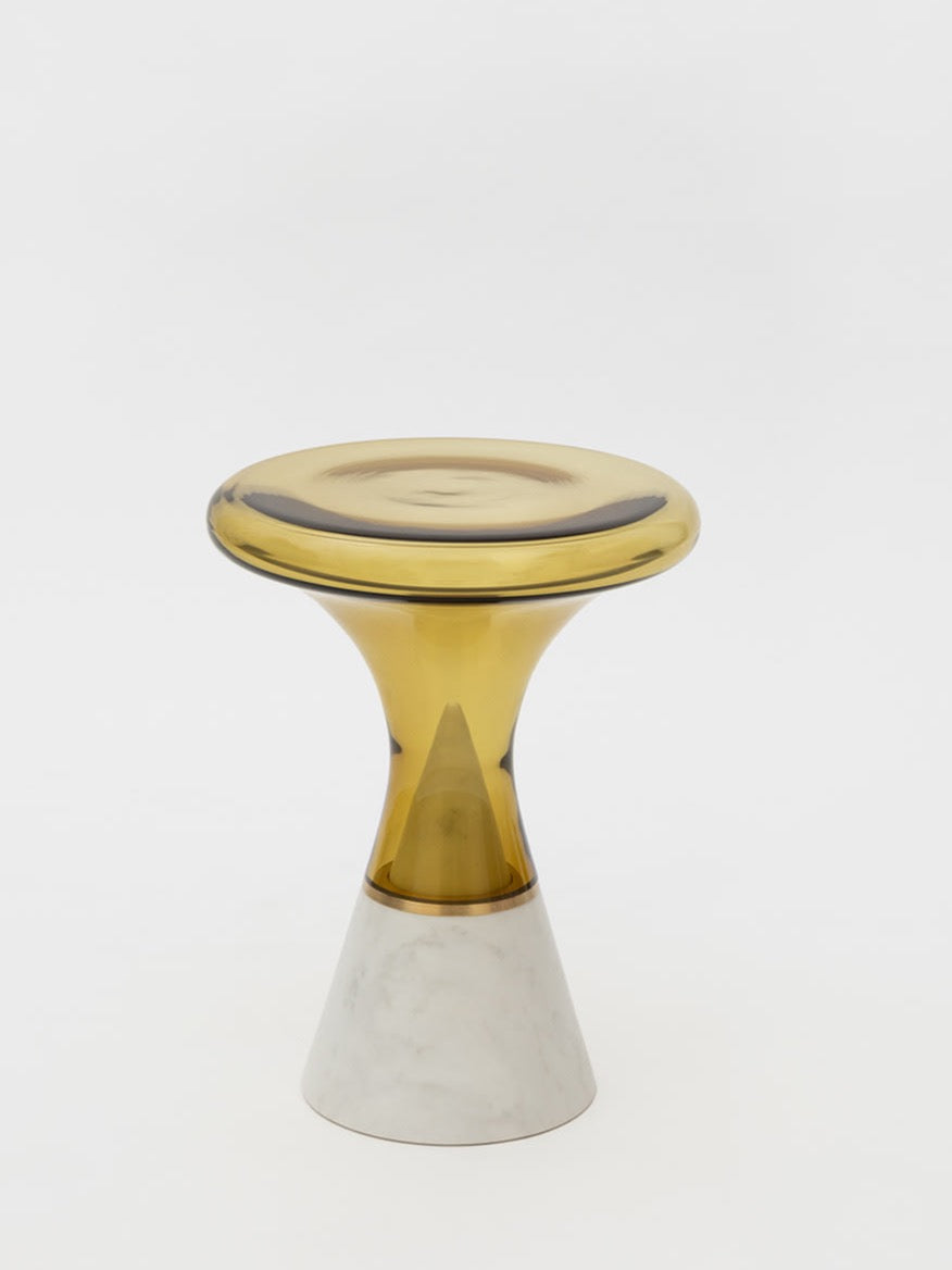 SkLO Join Table Small - Olivin Glass, Brushed Brass, Carrara Marble by SkLO | The Oblist