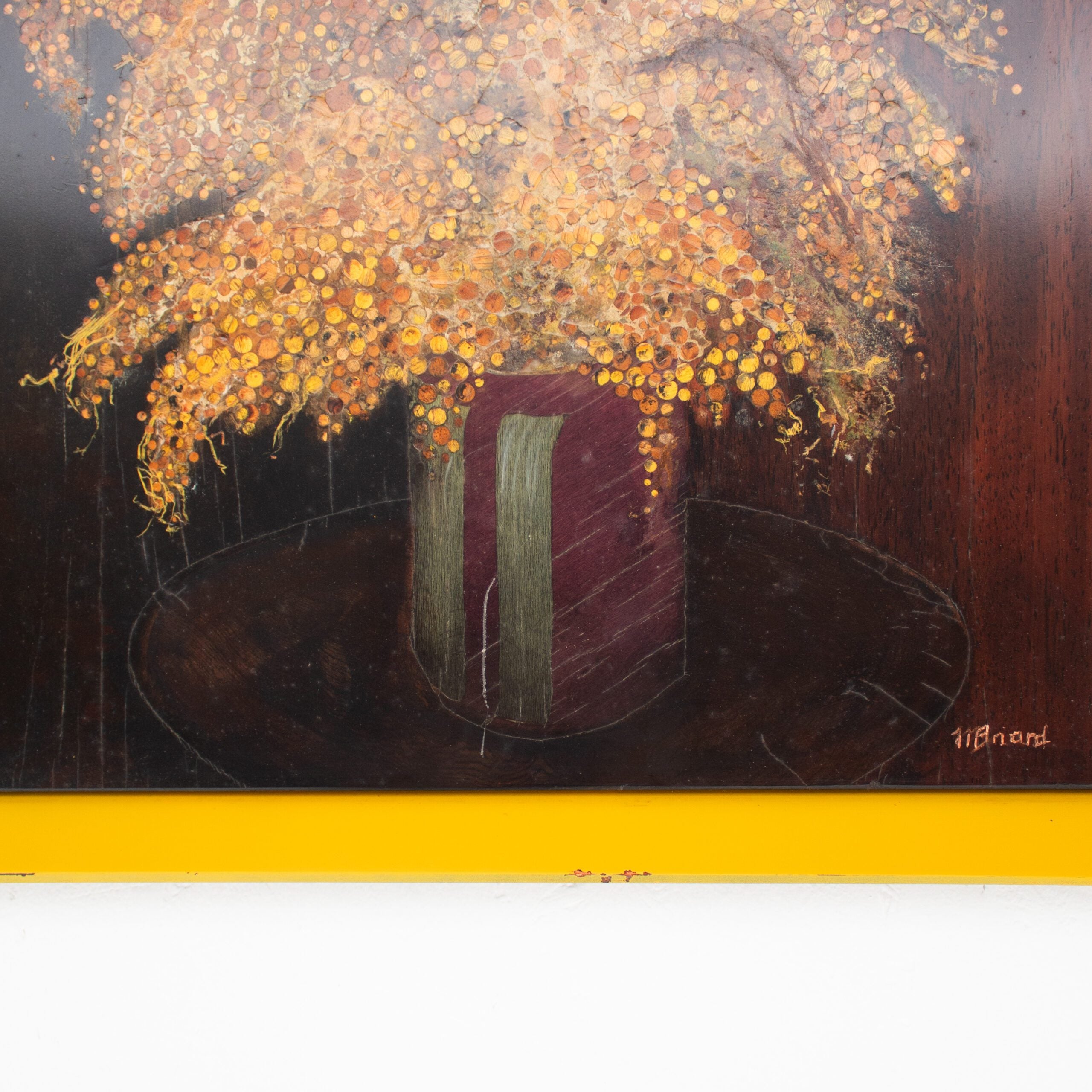 Michel Briard Floral Composition Painting in Yellow Frame — side angle