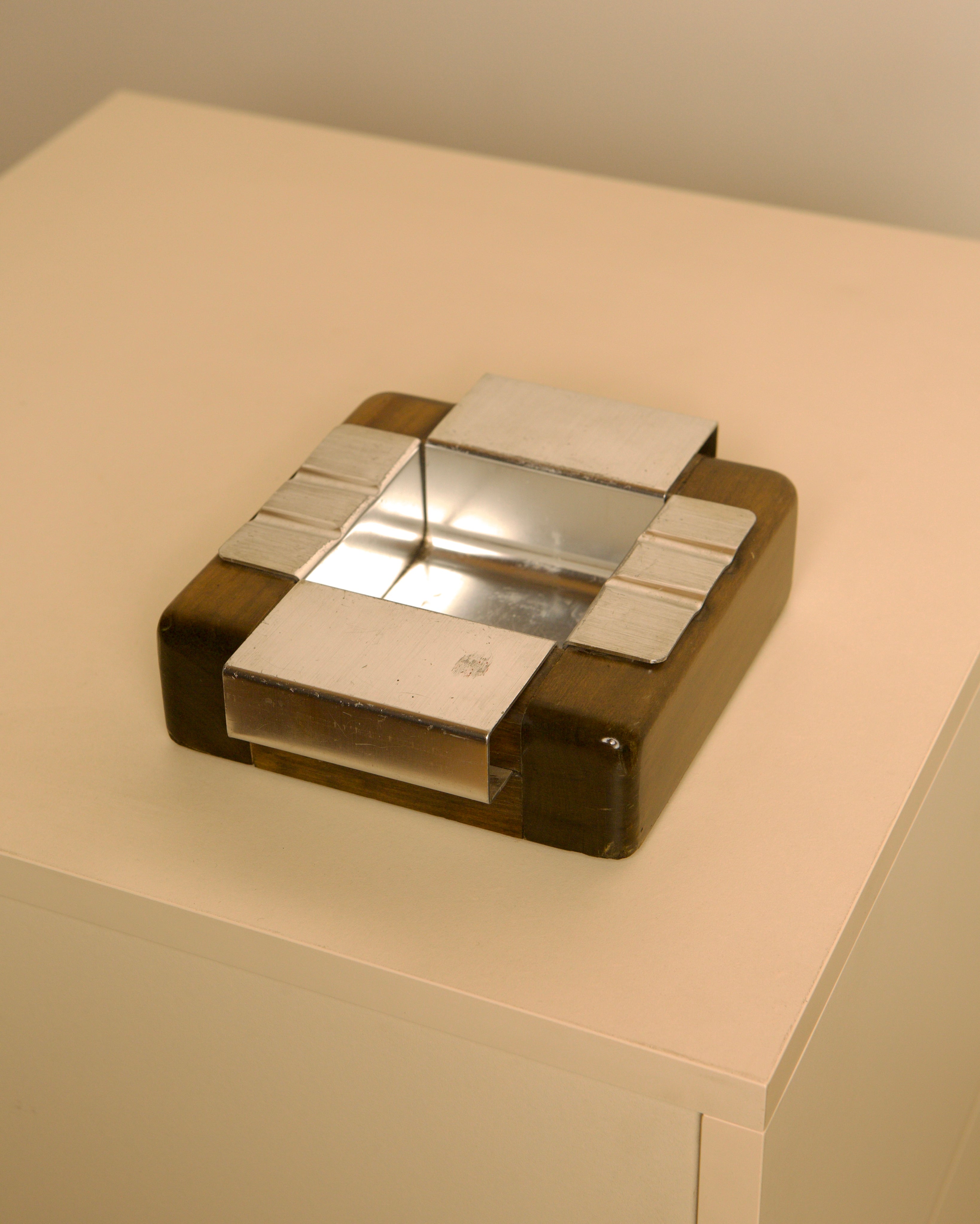 Italian Wood and Brushed Metal Ashtray, 1980s  by Treaptyque | The Oblist
