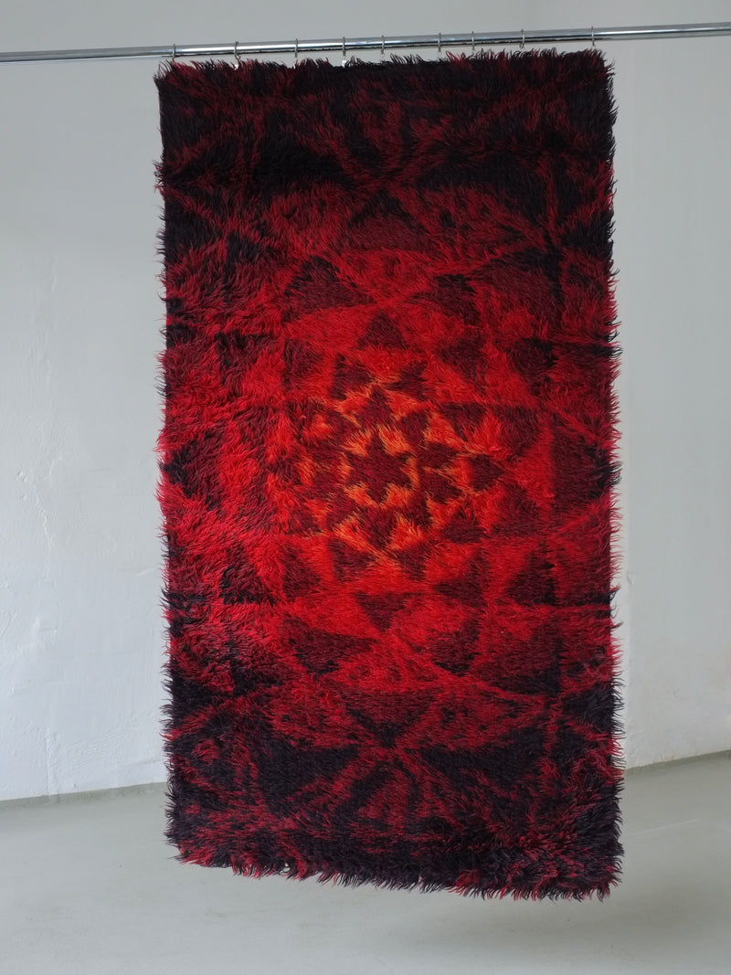 Mid-Century Abstract Red Wool Rya Rug | Sweden | 1960s by Veter Vintage | The Oblist — red wool material