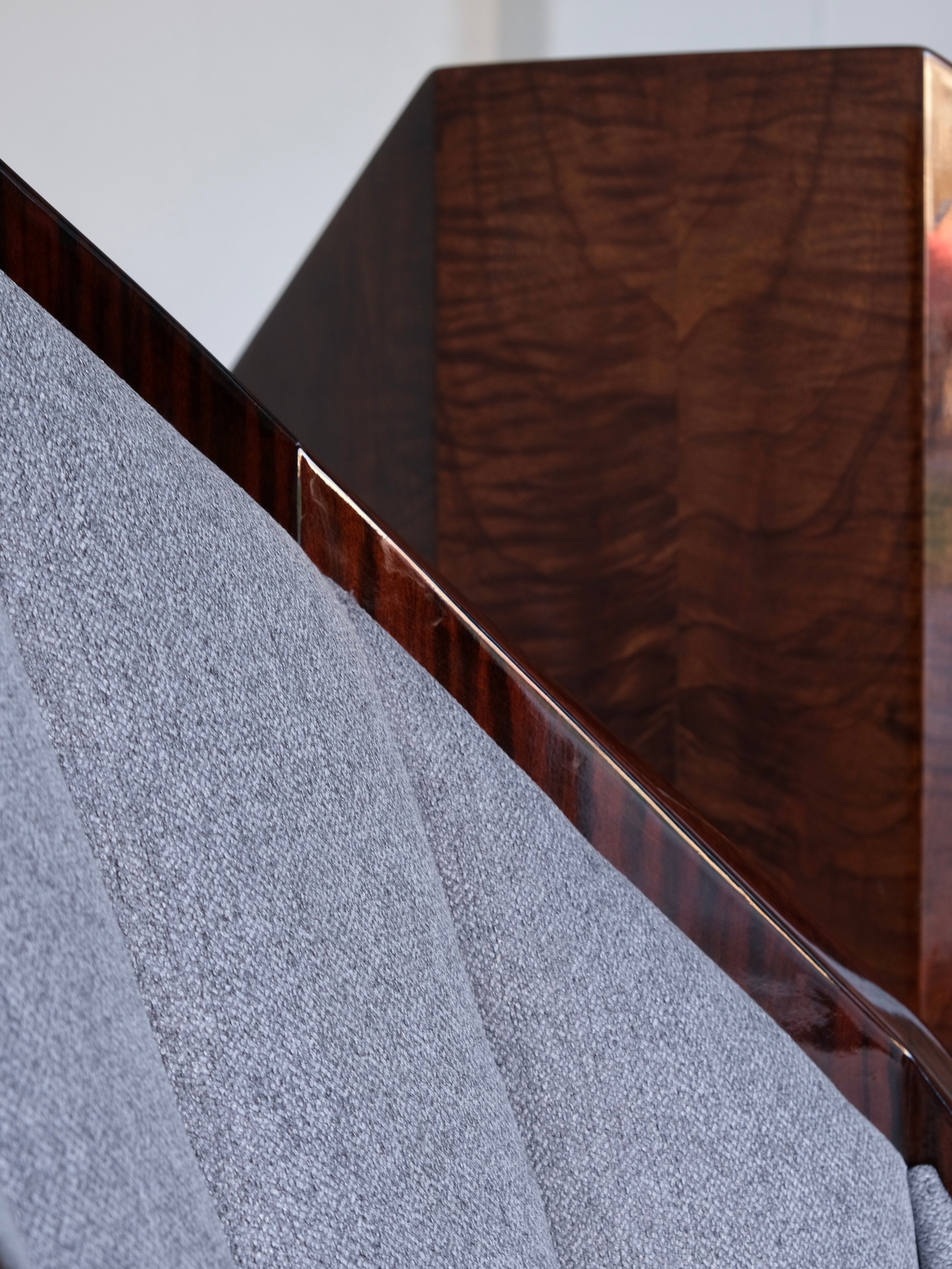 Leon-Emile Bouchet Art Deco Lounge Set, 1930s — close-up of textured gray upholstery and polished wood