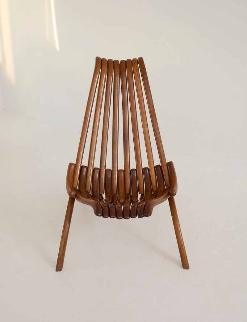 Vintage Artisanal Foldable Lounge Chair in Wood — back view highlighting curved wooden slats