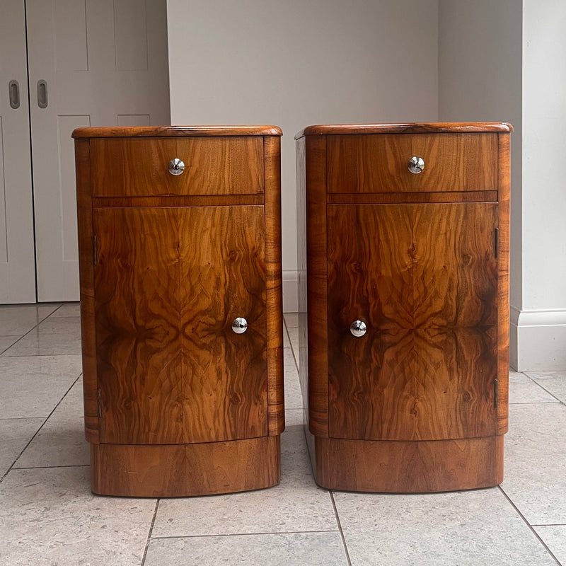 Pair of Art Deco Burr Walnut Bedside Cabinet c. 1930–1940 — front view highlighting polished walnut finish