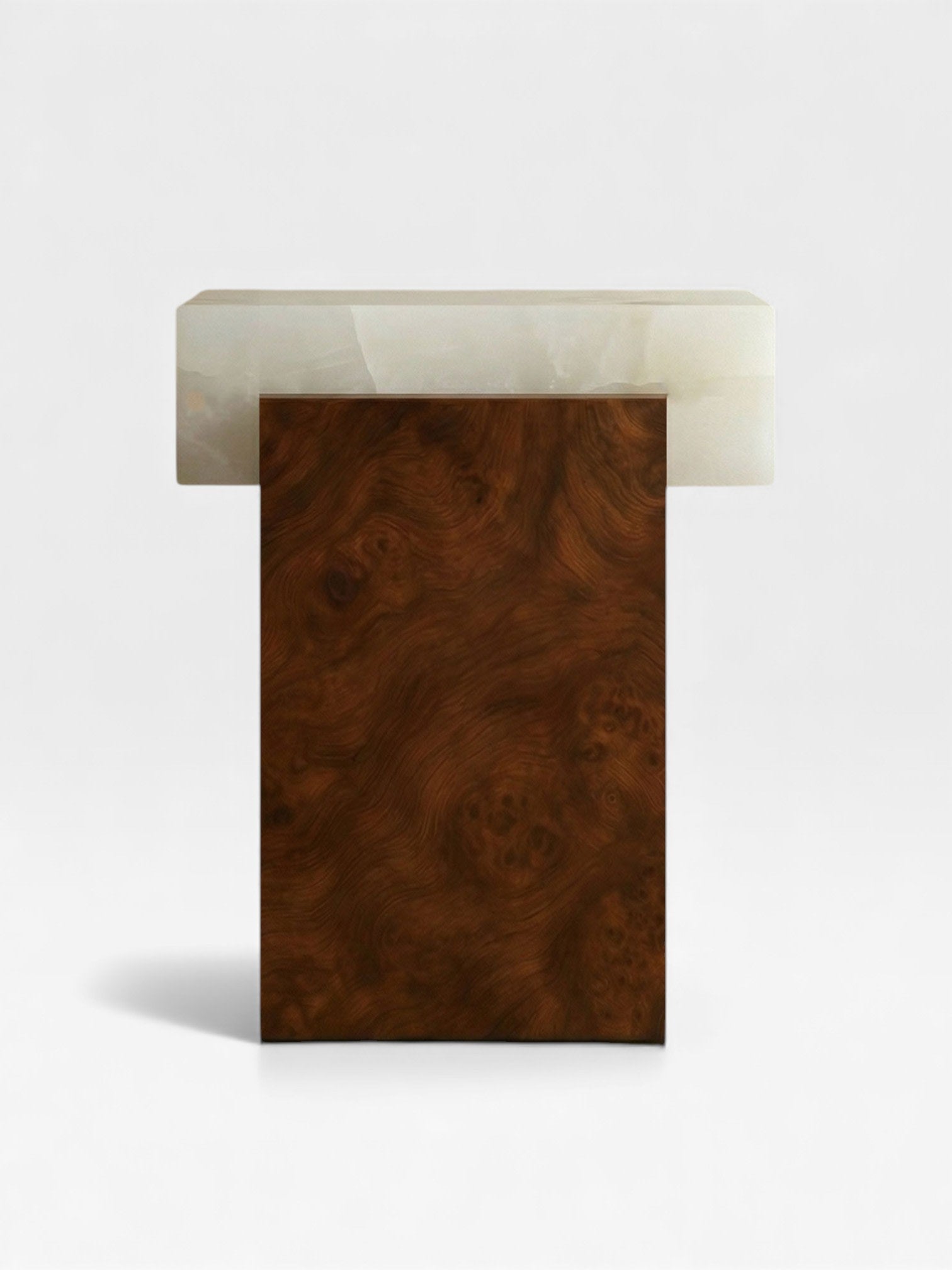 Gaia Burl Wood and White Onyx End Table — side angle showing wood grain detail