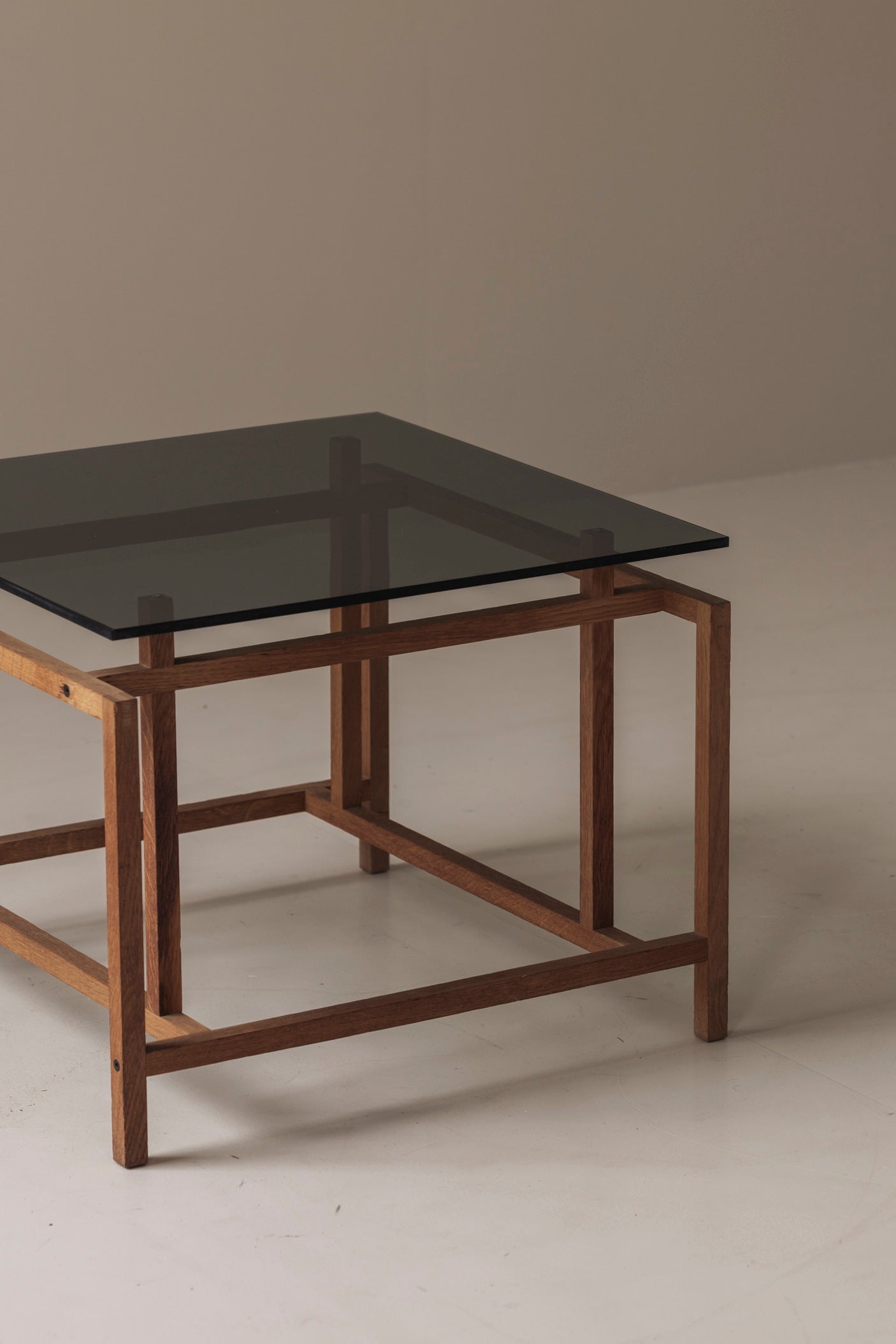 Elegant Geometric Oak Side Table by Henning Nørgaard, Denmark 1970s — angled view with black glass top