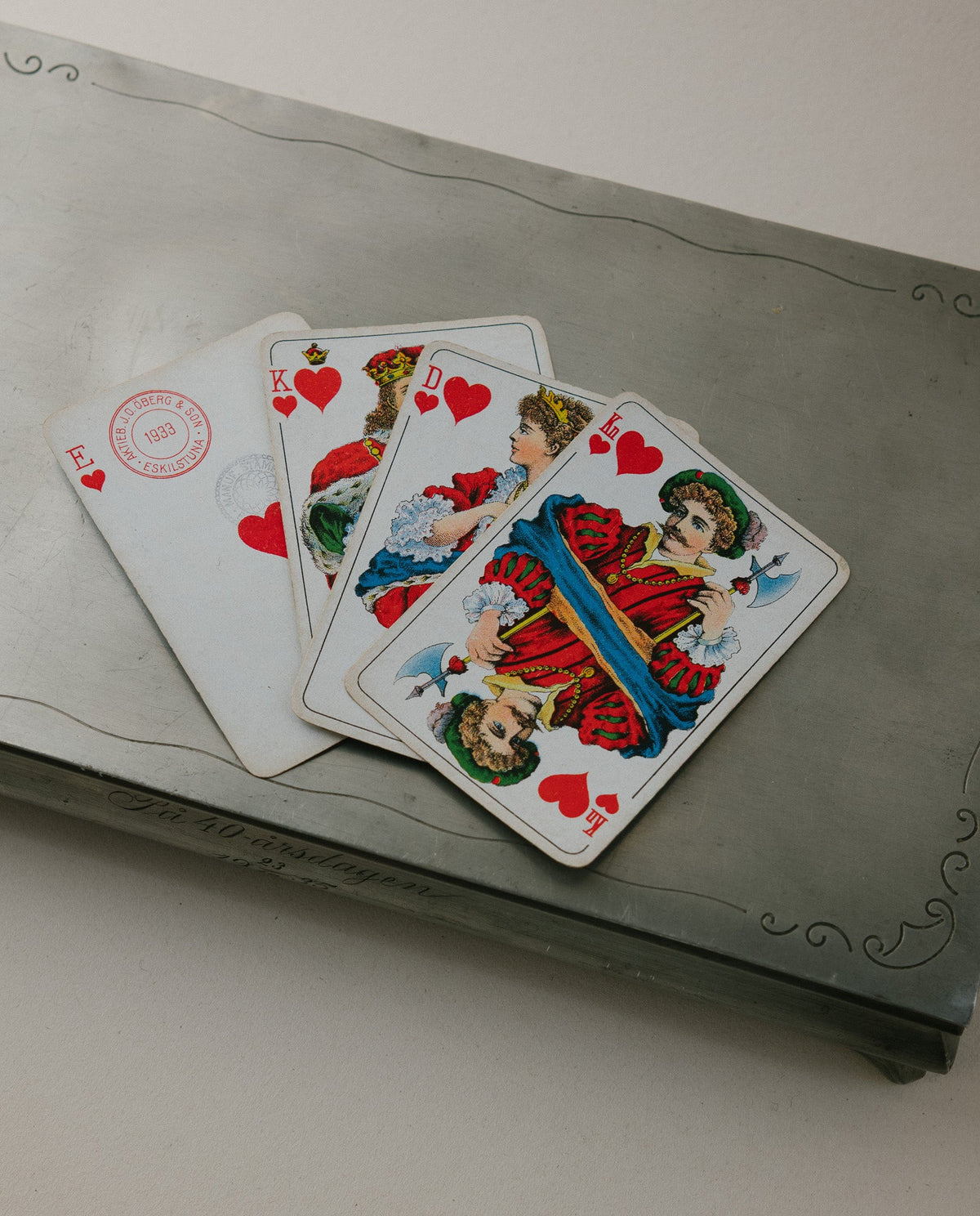 J.L. Hultman for Svenskt Tenn Swedish Grace Pewter Gaming Box with 1933 Öberg Cards — detail view