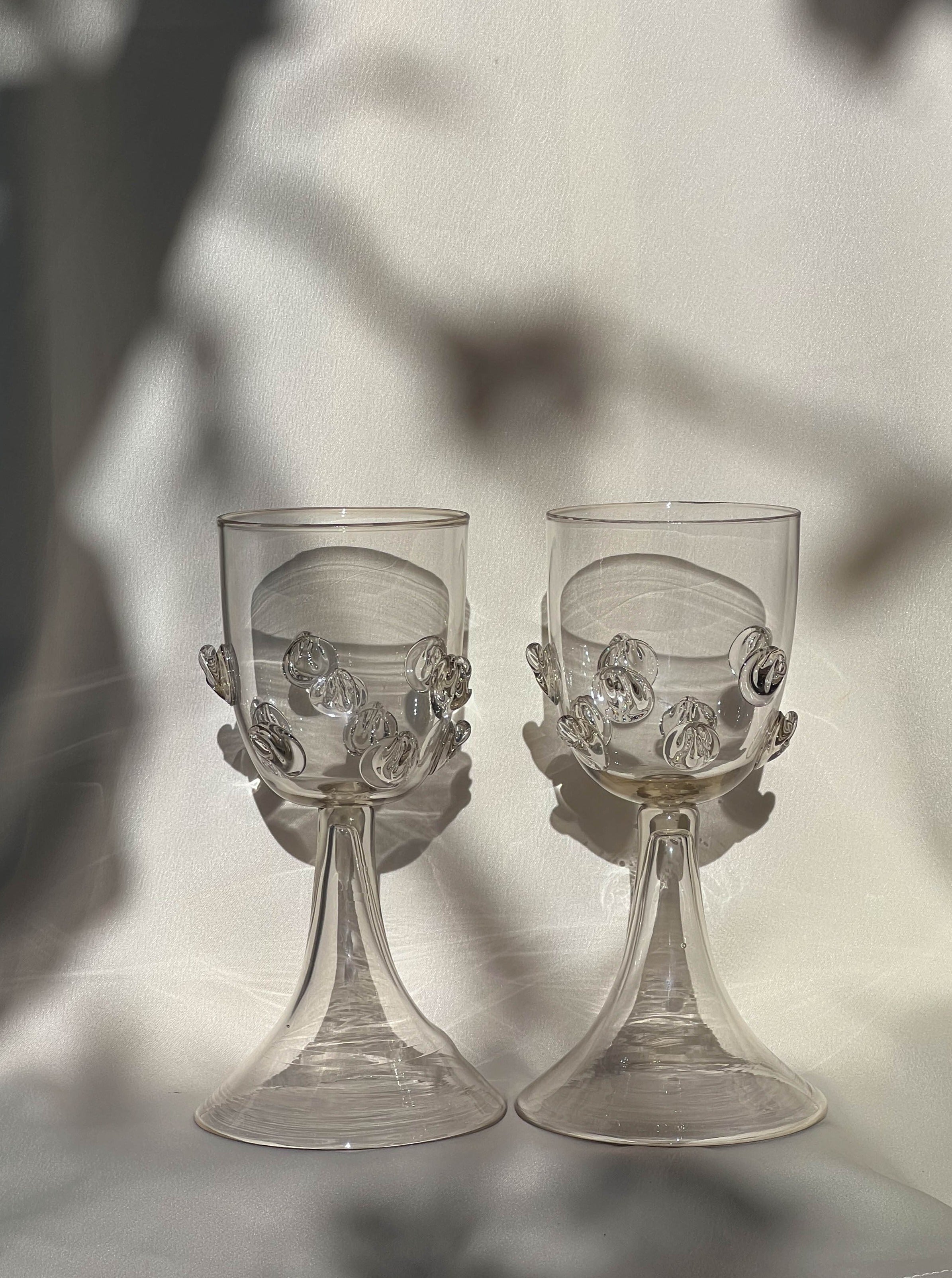 Pair of Mouthblown Wine Goblets - Dots