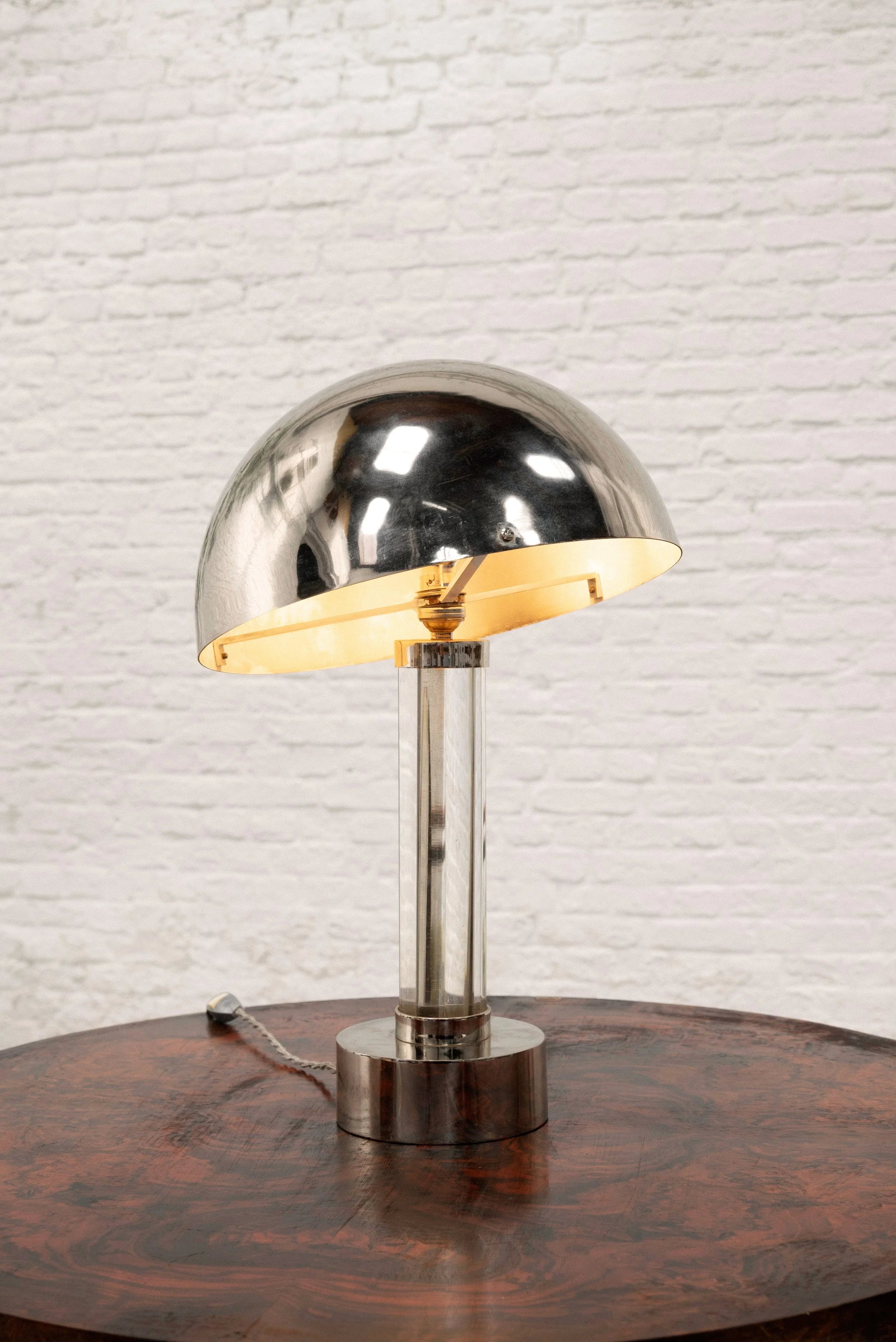 French Modernist Nickel-Plated Table Lamp Attributed to Jacques Adnet, 1940s — detail view