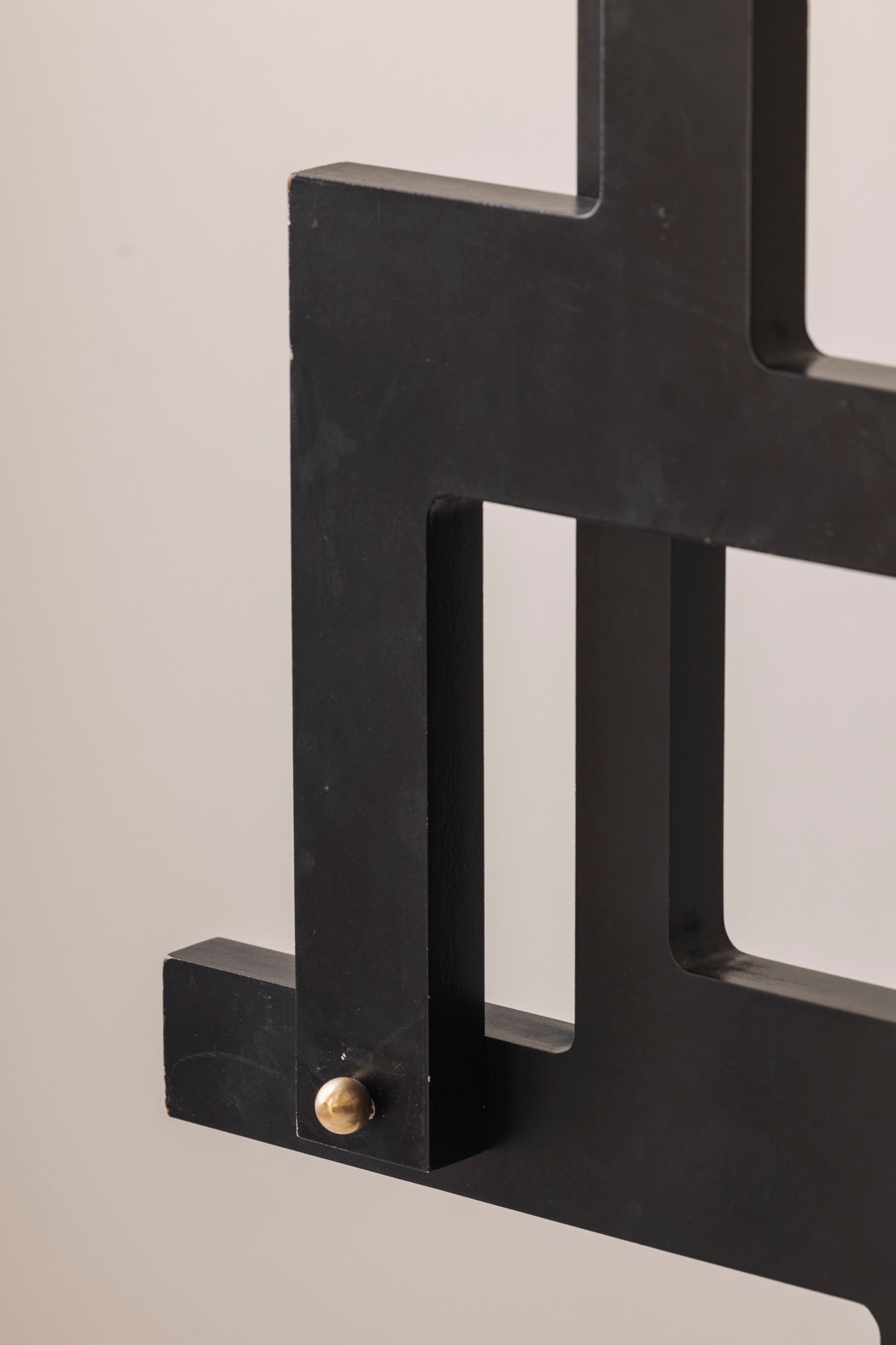 Large geometric abstract sculpture in lacquered wood and brass, France 1990s — alternate view
