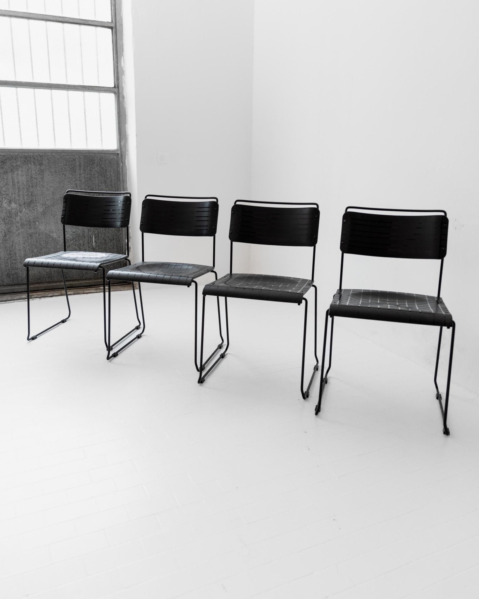 Vintage 1980s Dining Chairs, Set of 4, Postmodern Design, Black Metal and Plastic, Check Texture, Minimal Italian Design, Retro Interior — view 14