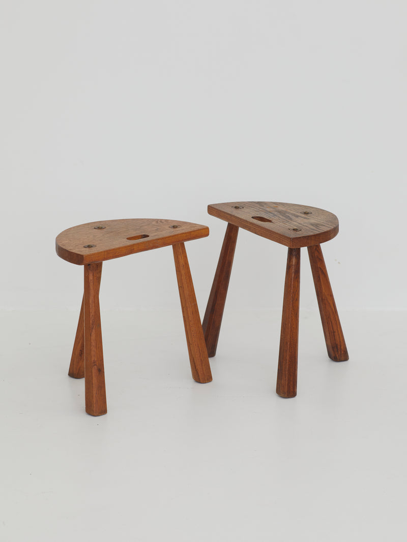 Two French Artisanal Solid Wood Half-moon Tripod Stools, Circa 1950 by DIG IN JAPAN | The Oblist — handcrafted solid wood, vi