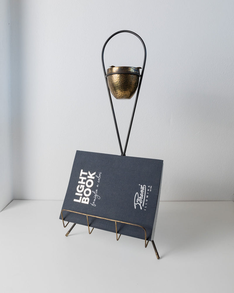 Brass Magazine Rack and Ashtray 1960s — close-up of brass bowl and wire stand